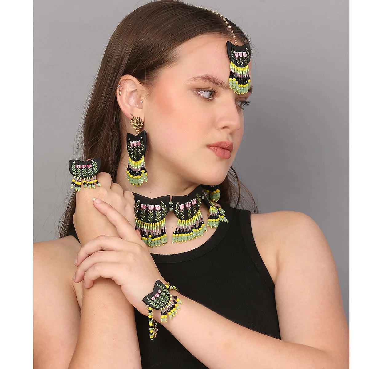 Madge Traditional Multi Color Hand Painted Bridal Jewelry (Shaadi Set) -020