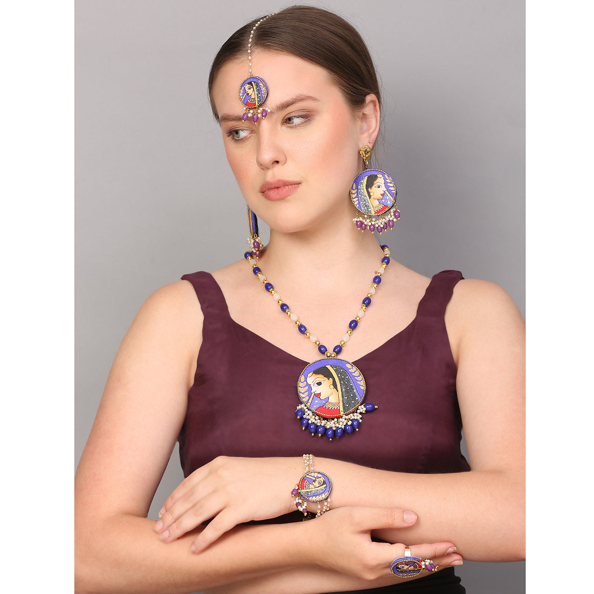 Nayana Purple Classic Multi Color Hand Painted Bridal jewelry (Shaadi Set)