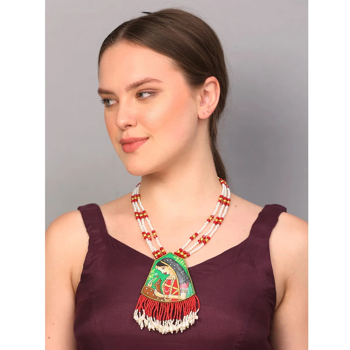 Mithila Red Classic Multi Color Hand Painted (Necklace) HP-NP-156