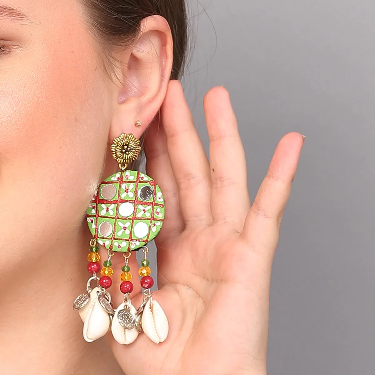 Olive Traditional Multi Color Hand Painted Drop (Earrings) HP-ER-