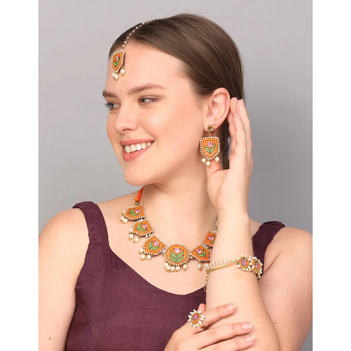 Ochre Classic Multi Color Hand Painted Bridal Jewelry (Shaadi Set) - 016