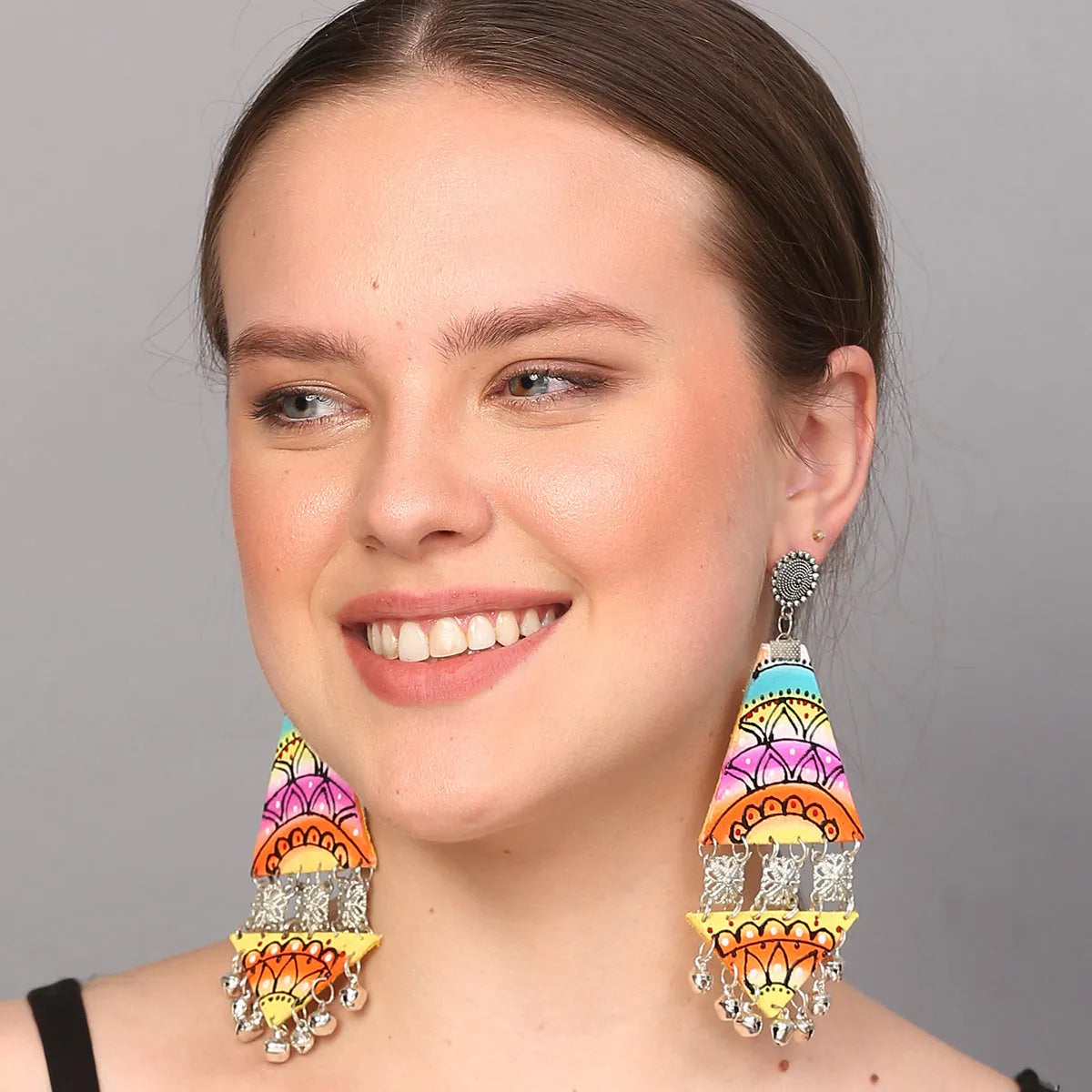 Triangular Bohemian Multi Color Hand Painted Drop (Earrings) HP-ER-186
