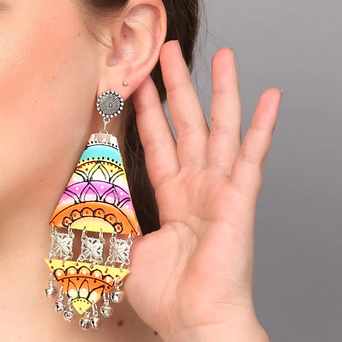 Triangular Bohemian Multi Color Hand Painted Drop (Earrings) HP-ER-186