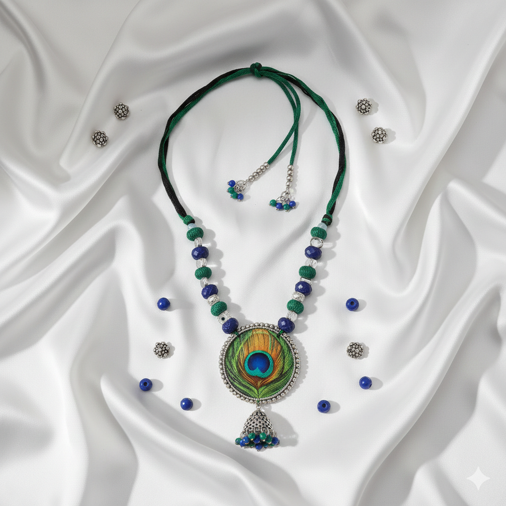 KHOJ.CITY Jewellery Mor Pankh Classic Blue Handmade & Hand Painted Necklace for Girls & Women (KHJ-AMZ-NP-324)