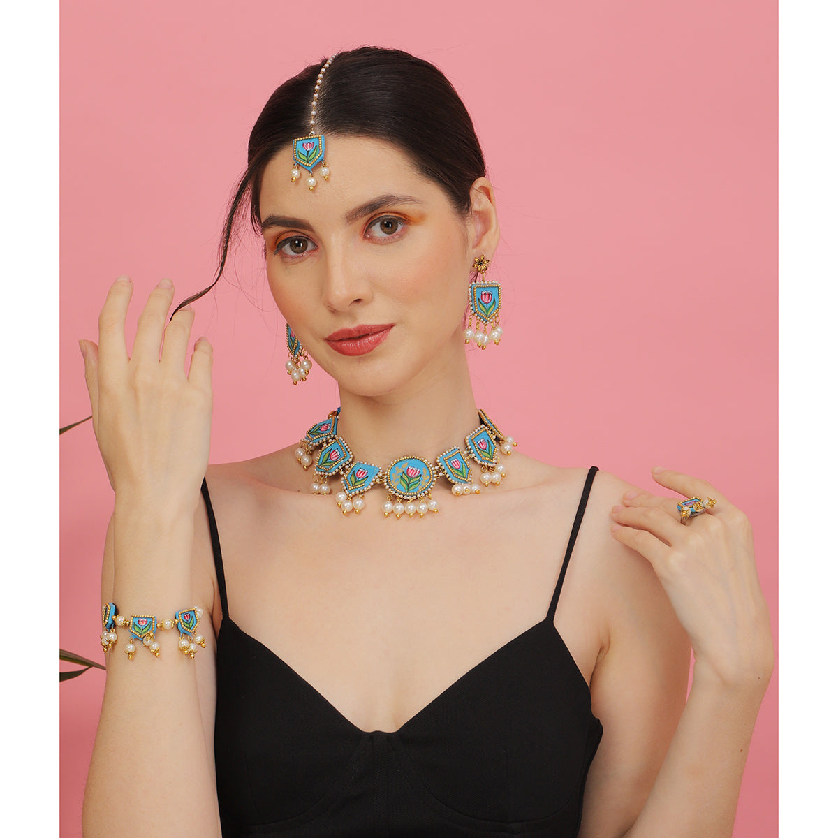 Waffa Classic Multi Color Hand Painted Bridal Jewelry (Shaadi Set) -014