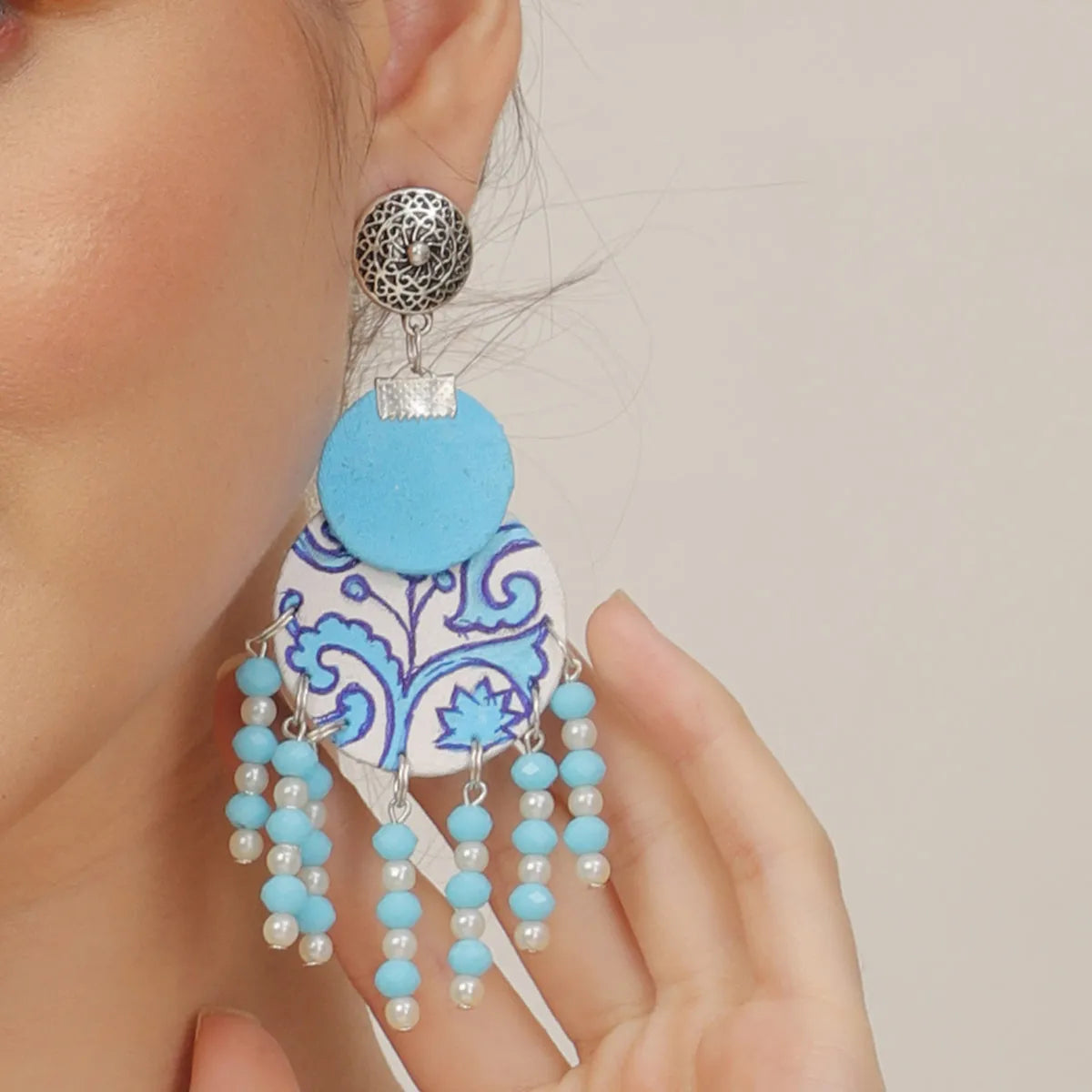 Jet Blue Traditional Multi Color Hand Painted Drop (Earrings) HP-ER-