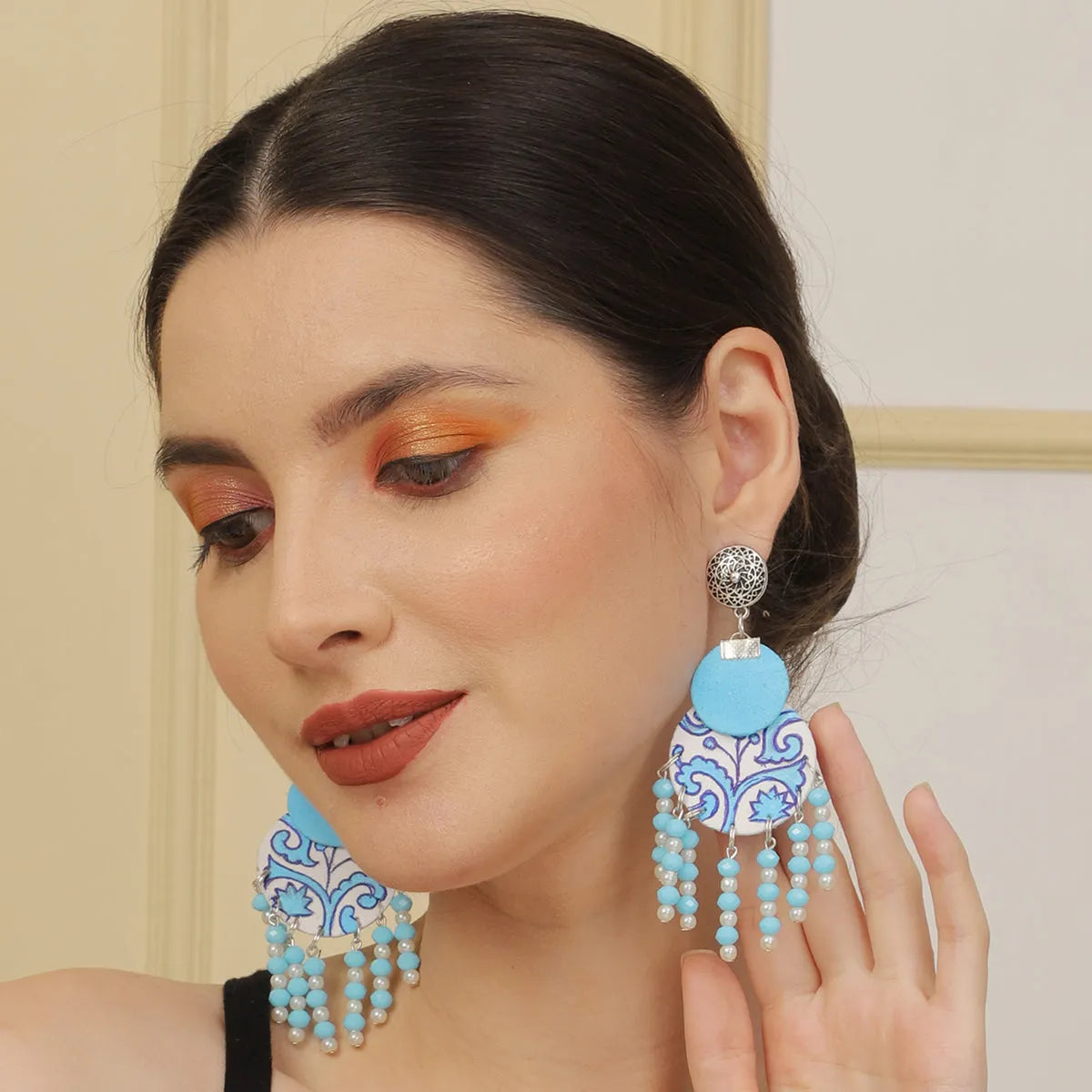 Jet Blue Traditional Multi Color Hand Painted Drop (Earrings) HP-ER-