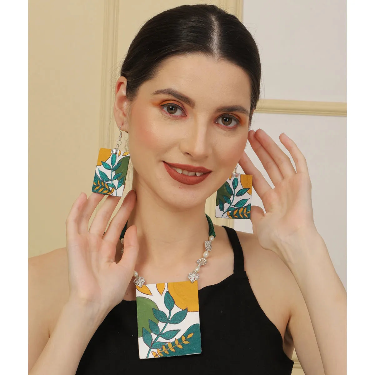 Leaf Abstract Classic Multi Color Hand Painted (Necklace Set) HP-NP