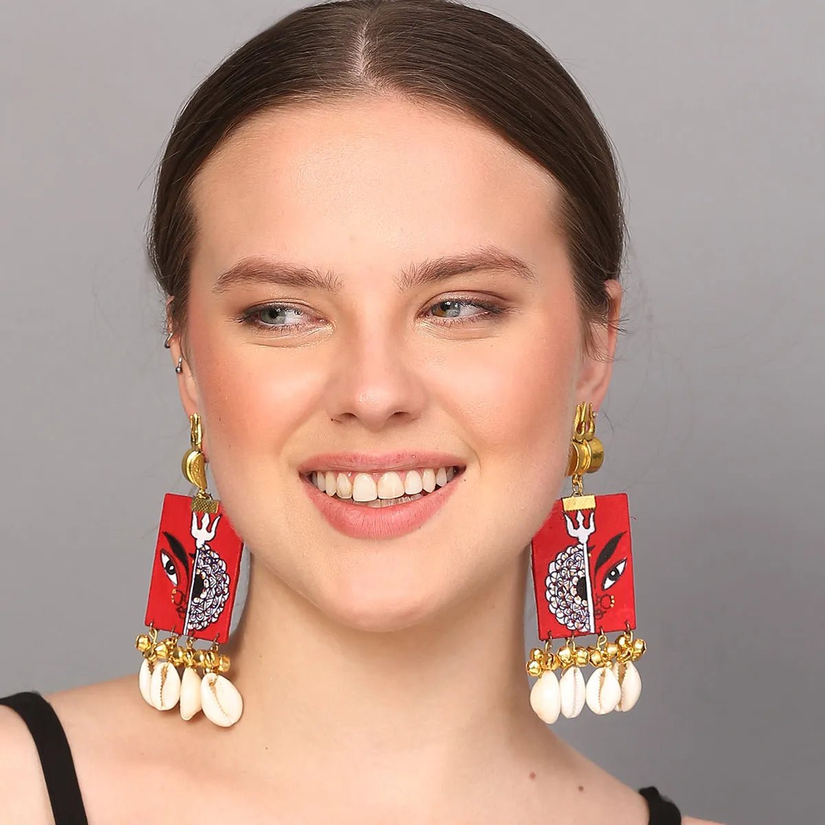 Durga Mandala Traditional Multi Color Hand Painted Drop (Earrings) HP - ER - 057 - KHOJ.CITY