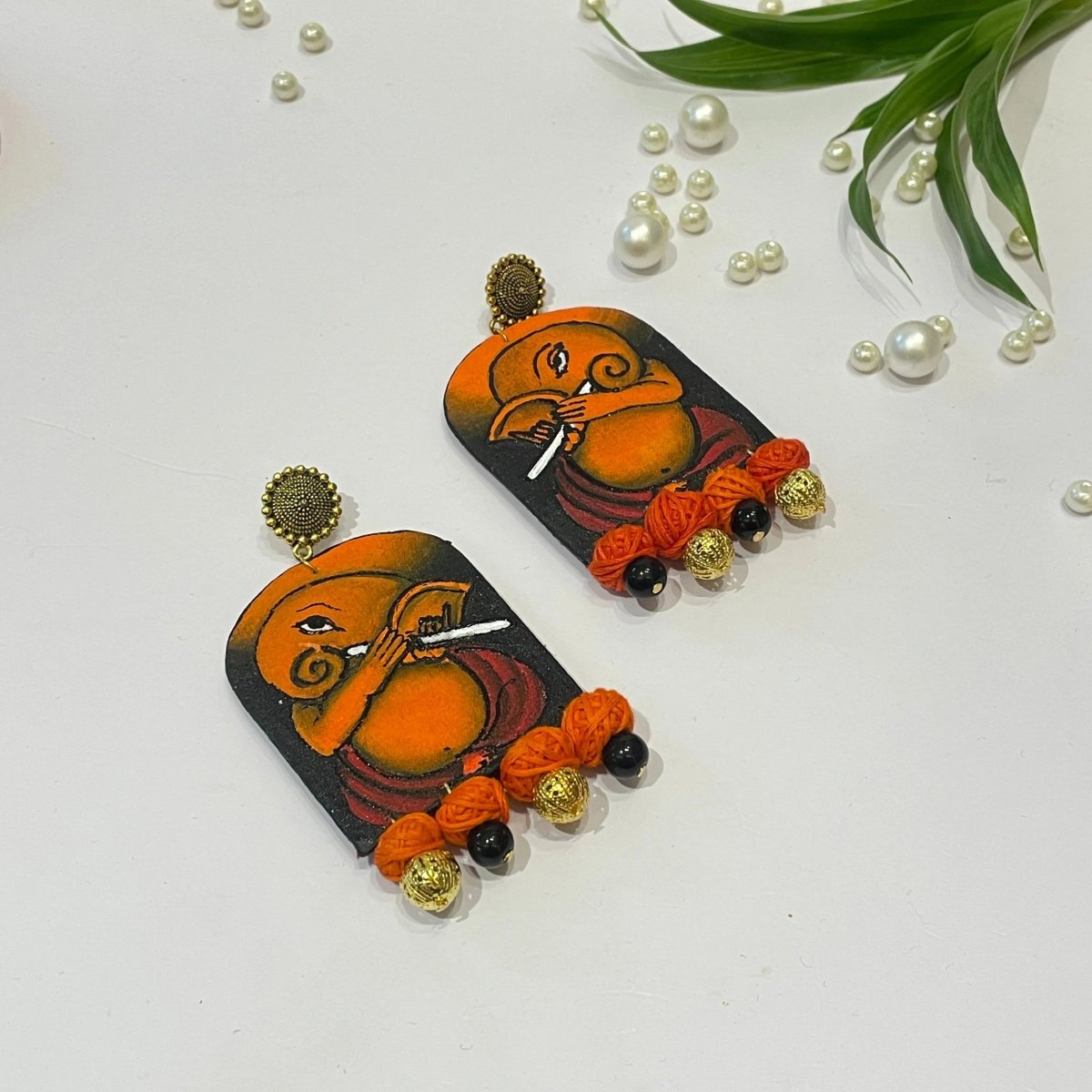 Ganapati Mumbai Cha Ganesha Traditional Multi Color Hand Painted Drop (Earrings) HP - ER - 139 - KHOJ.CITY