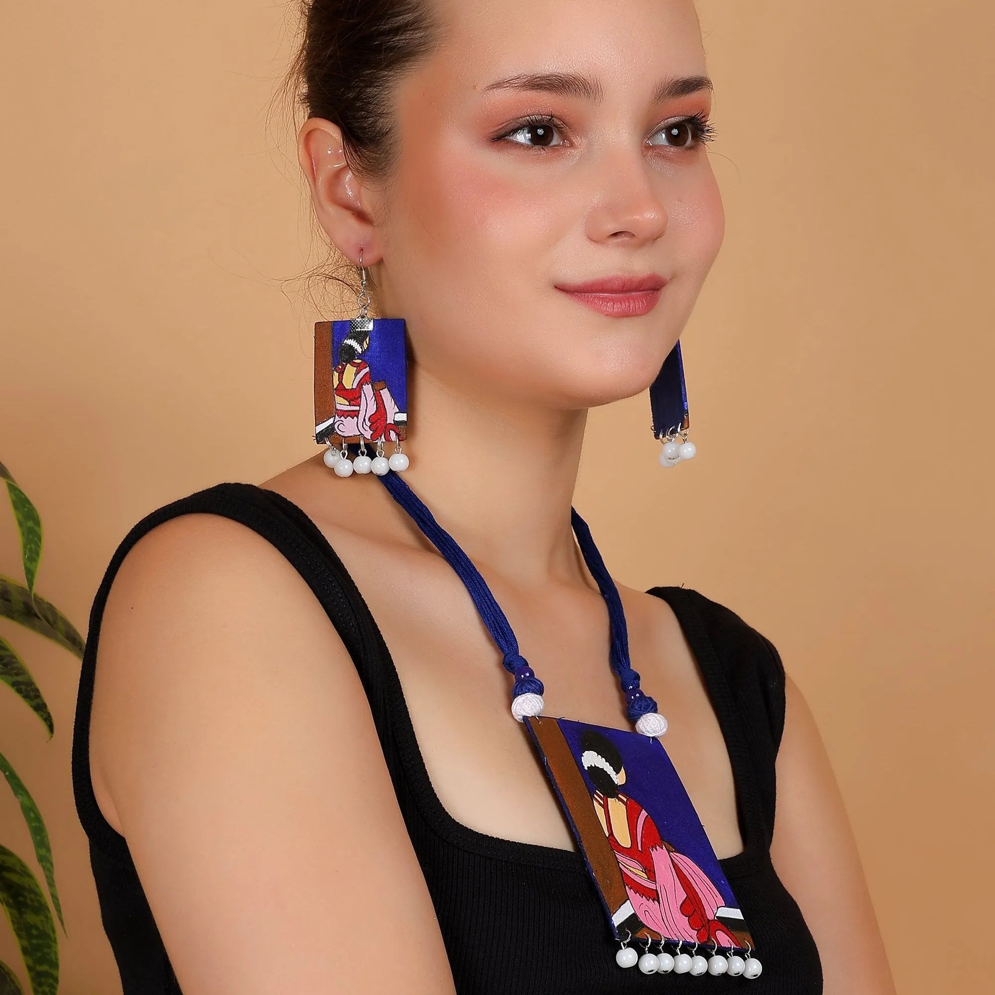 Abstract Bohemian Blue Hand Painted (Necklace Set) HP-NP-167 - KHOJ.CITY