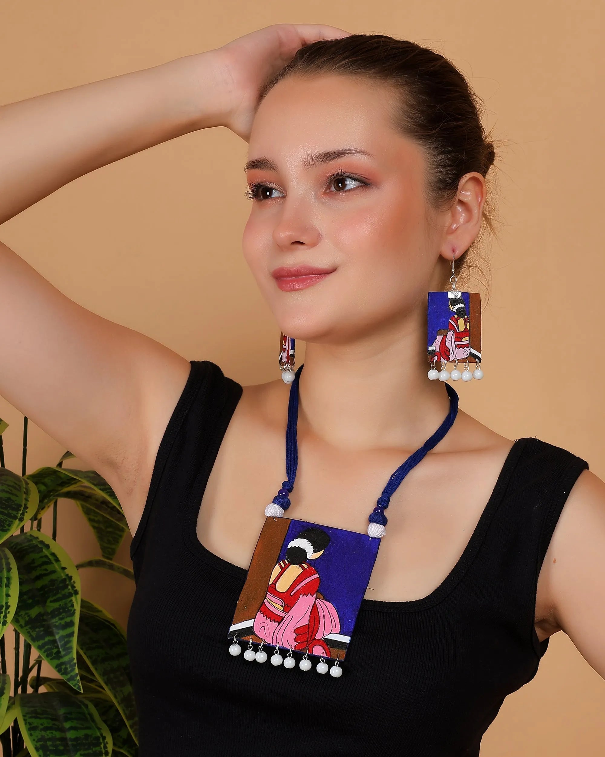 Abstract Bohemian Blue Hand Painted (Necklace Set) HP-NP-167 - KHOJ.CITY
