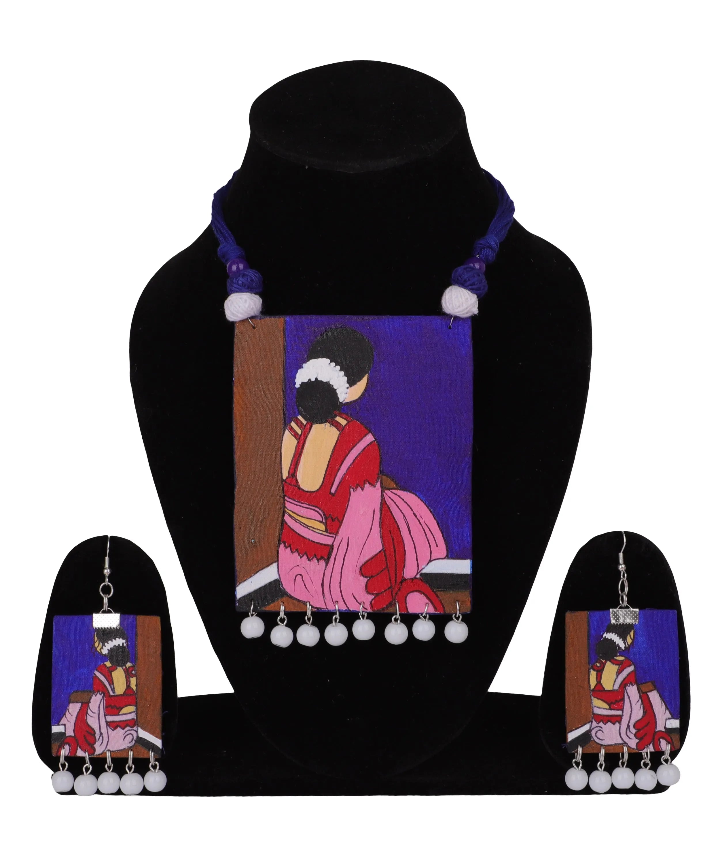Abstract Bohemian Blue Hand Painted (Necklace Set) HP-NP-167 - KHOJ.CITY