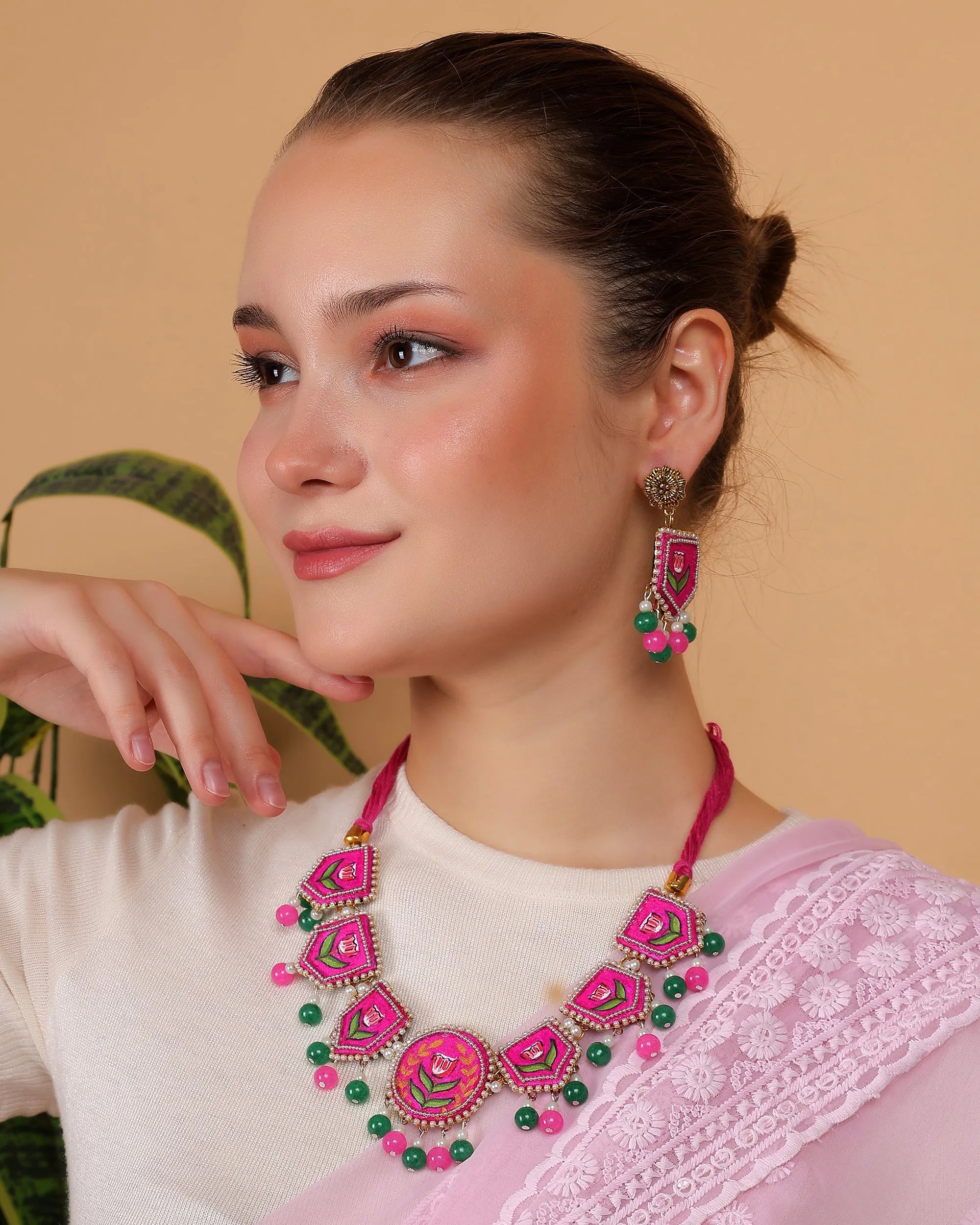 Acacia Bohemian Dark Pink Hand Painted (Necklace/Choker Set) HP-NP-169 - KHOJ.CITY