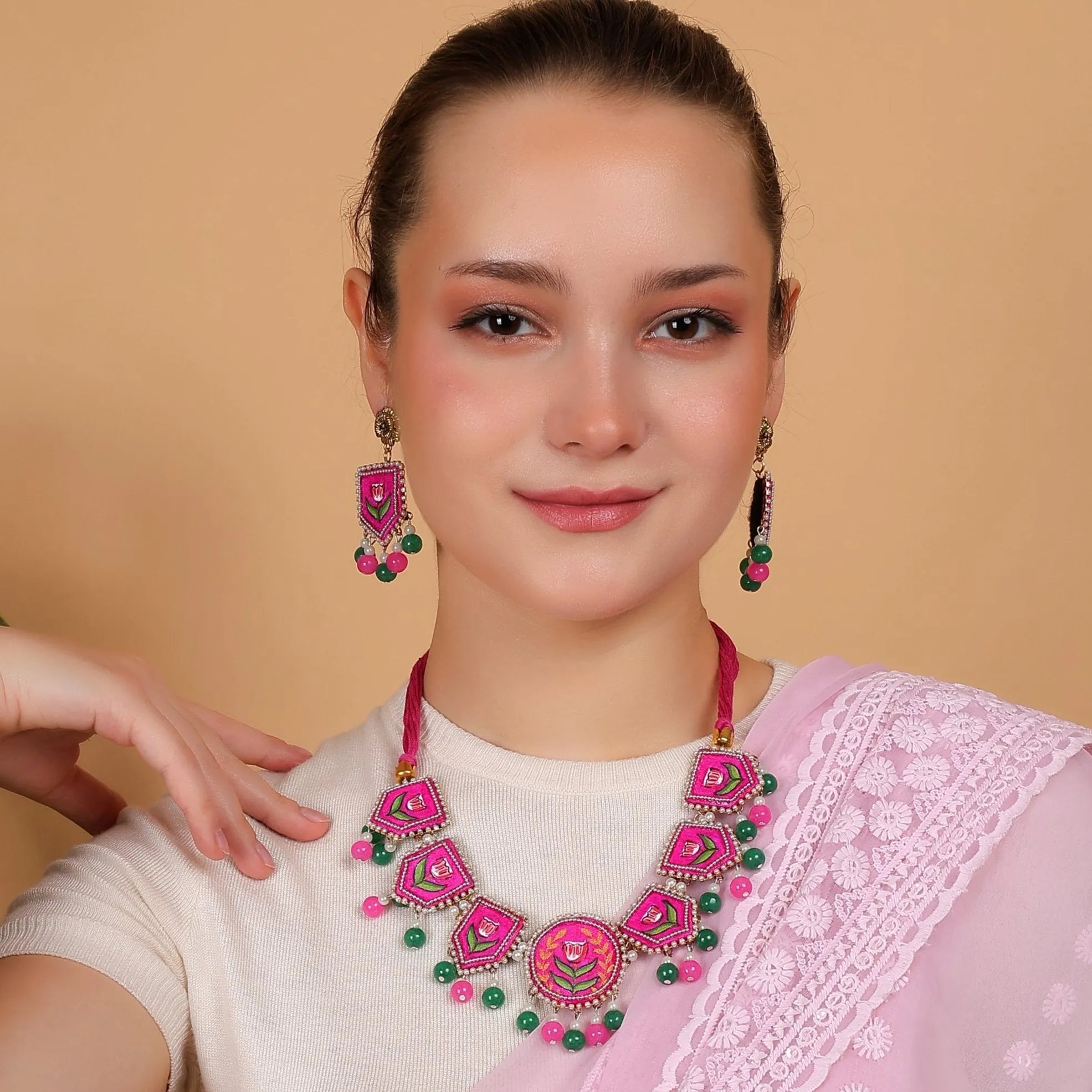 Acacia Bohemian Dark Pink Hand Painted (Necklace/Choker Set) HP-NP-169 - KHOJ.CITY