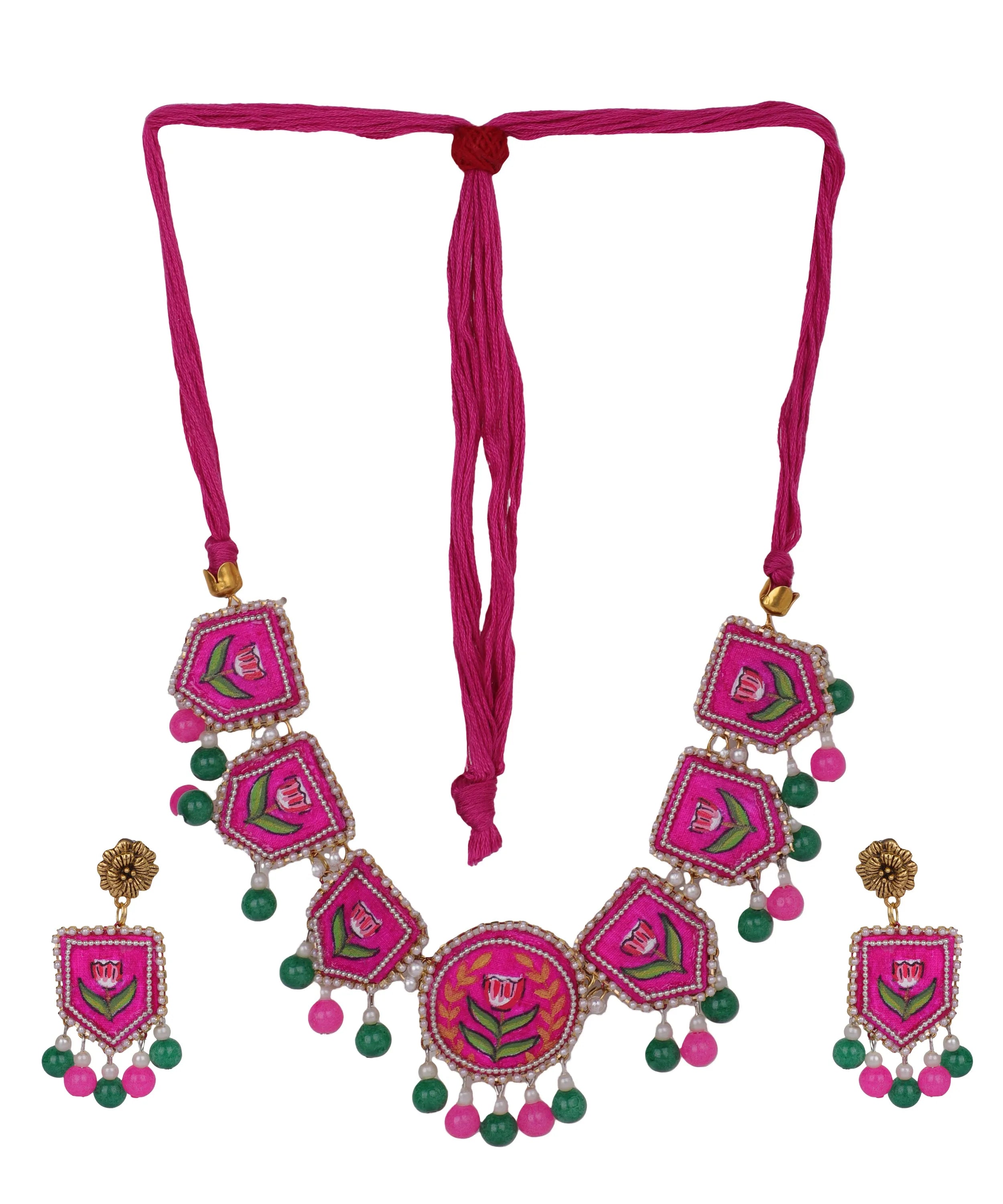 Acacia Bohemian Dark Pink Hand Painted (Necklace/Choker Set) HP-NP-169 - KHOJ.CITY