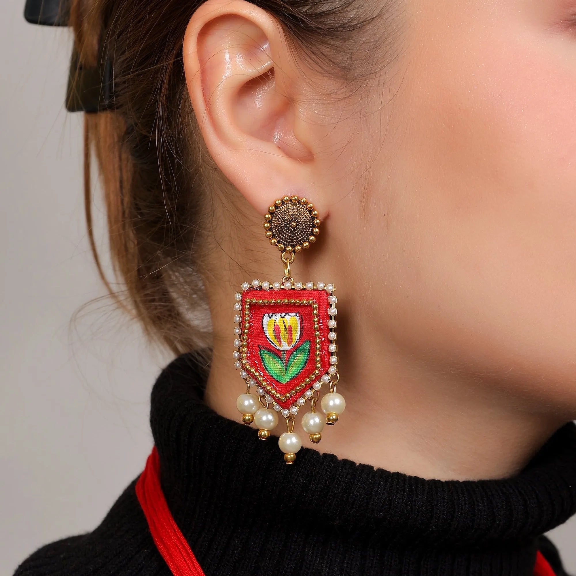 Adhira Classic Red Hand Painted Drop (Earrings) HP-ER-005 - KHOJ.CITY