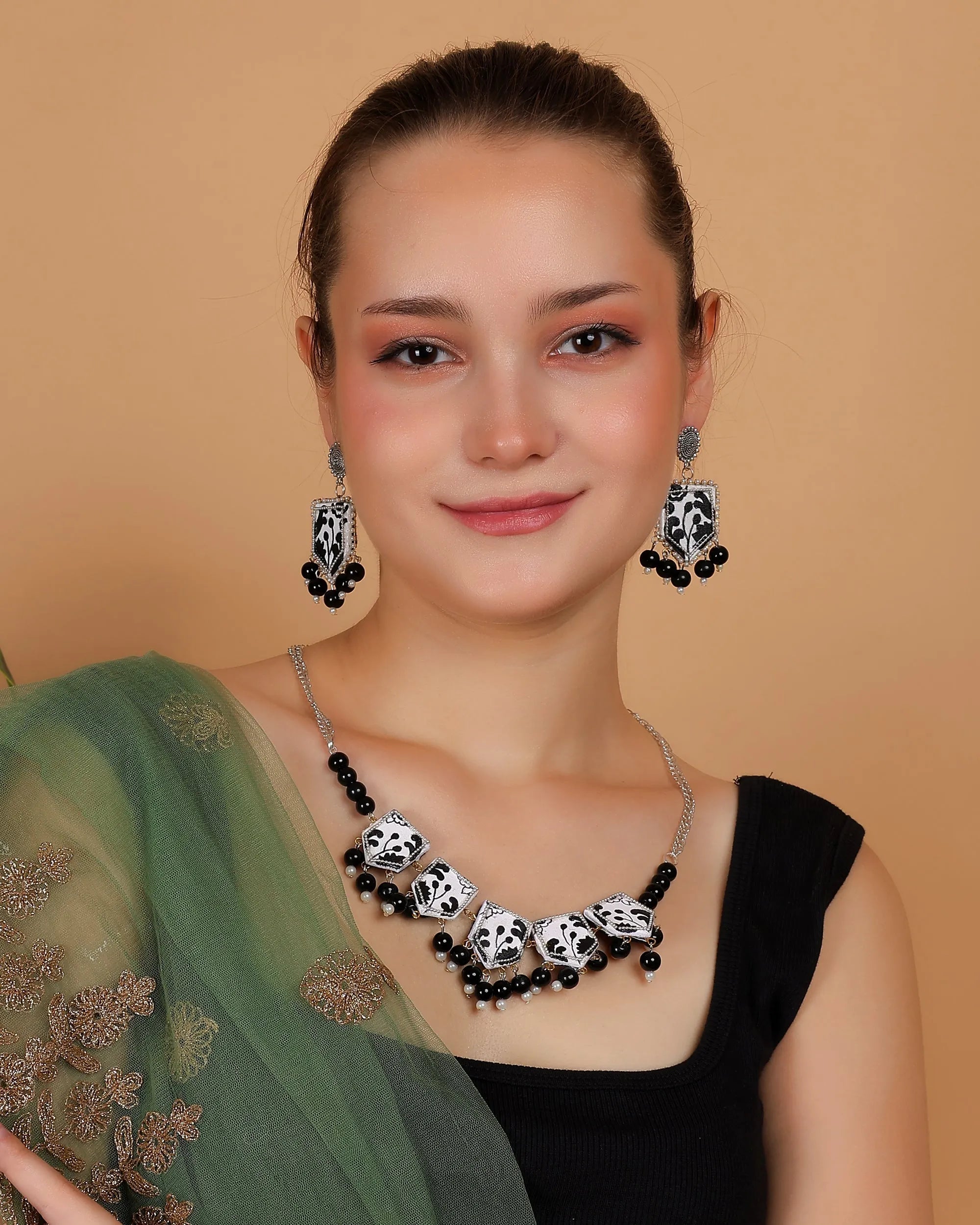 Black Leaves Classic Multi Color Hand Painted (Necklace / Choker Set) HP-NP-181 - KHOJ.CITY