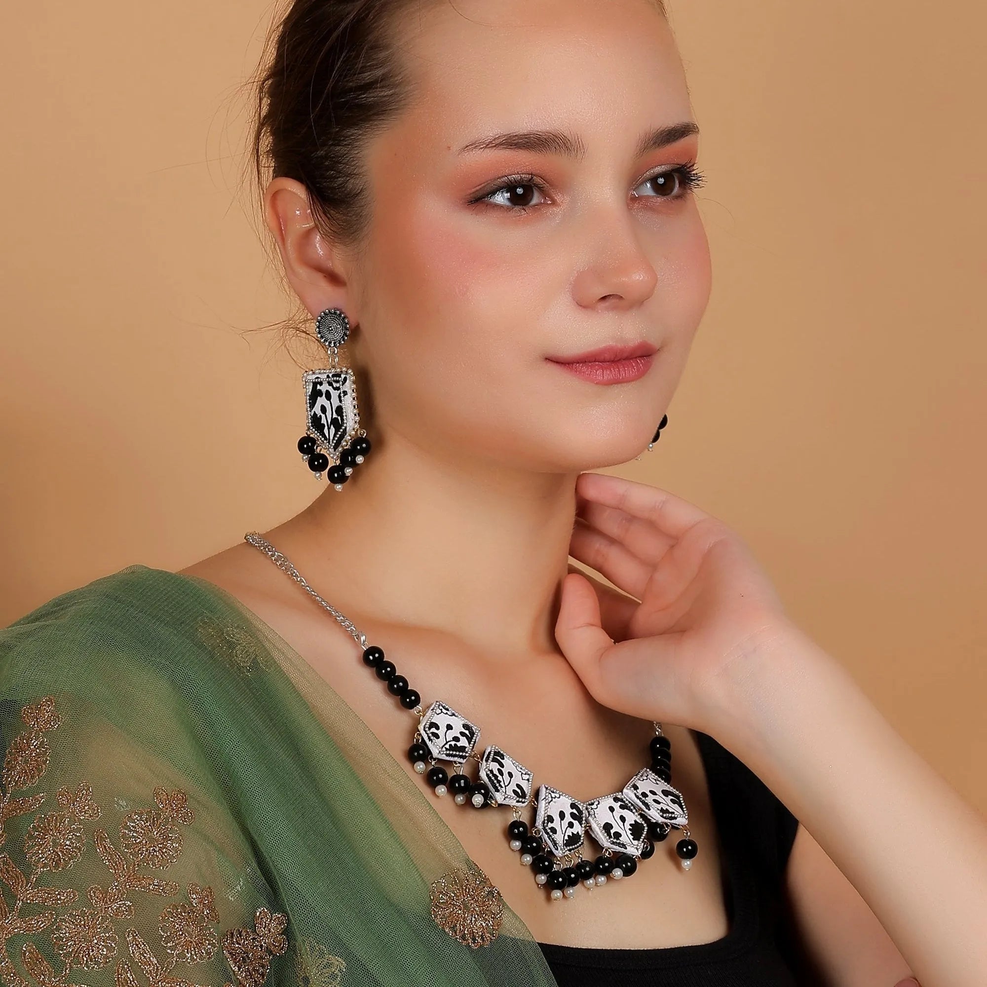 Black Leaves Classic Multi Color Hand Painted (Necklace / Choker Set) HP-NP-181 - KHOJ.CITY