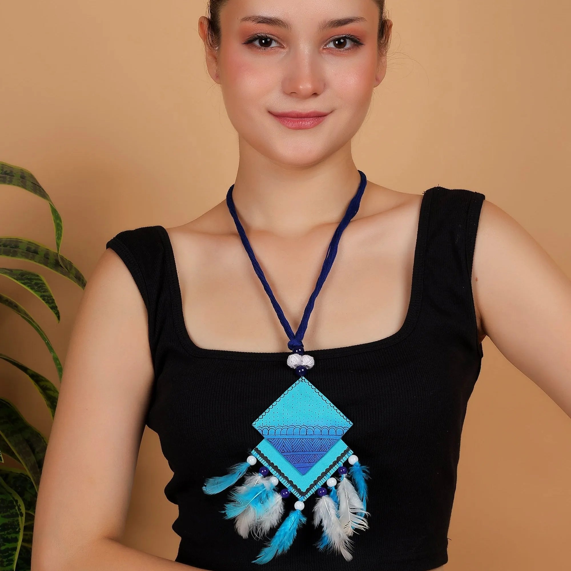 Bleu Plumage Bohemian Multi Color Hand Painted (Necklace) HP-NP-010 - KHOJ.CITY