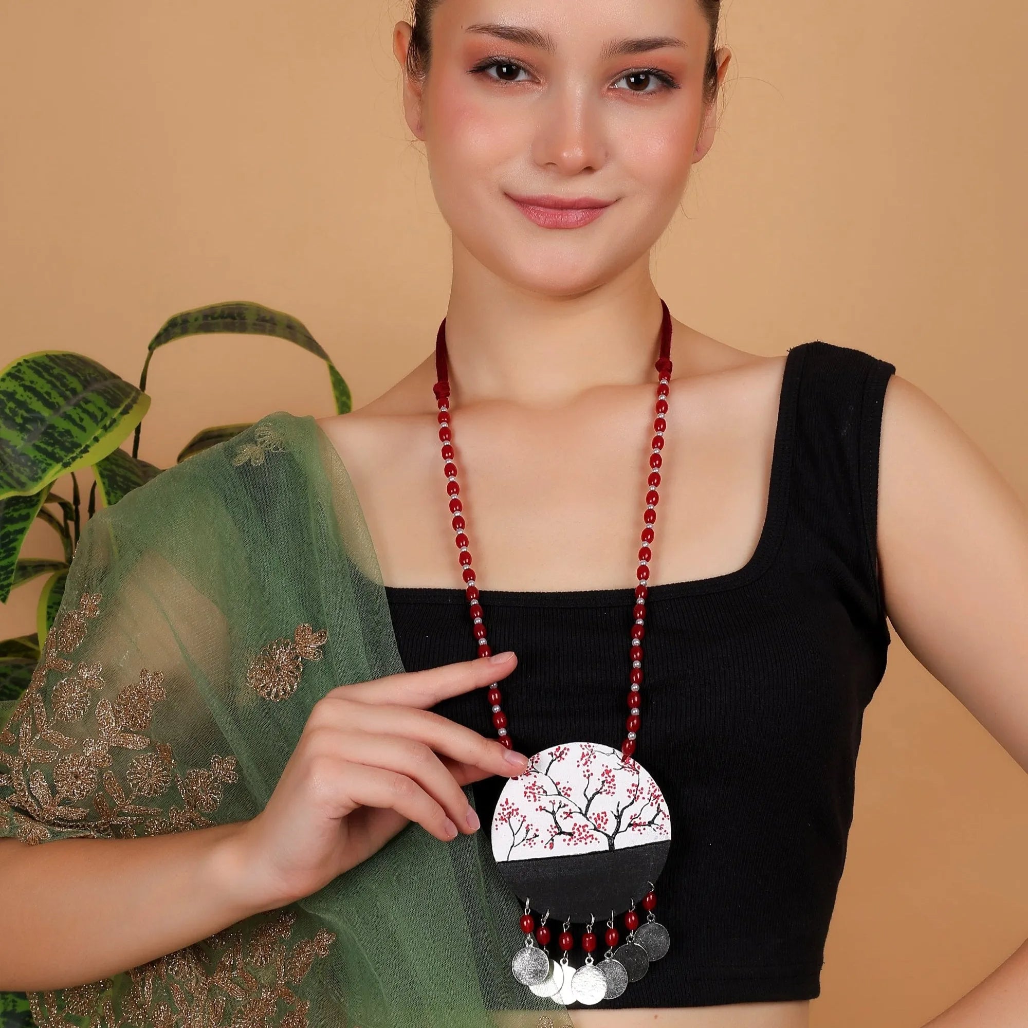 Cerise Sakura Traditional Multi Color Hand Painted (Necklace) HP-NP-022 - KHOJ.CITY