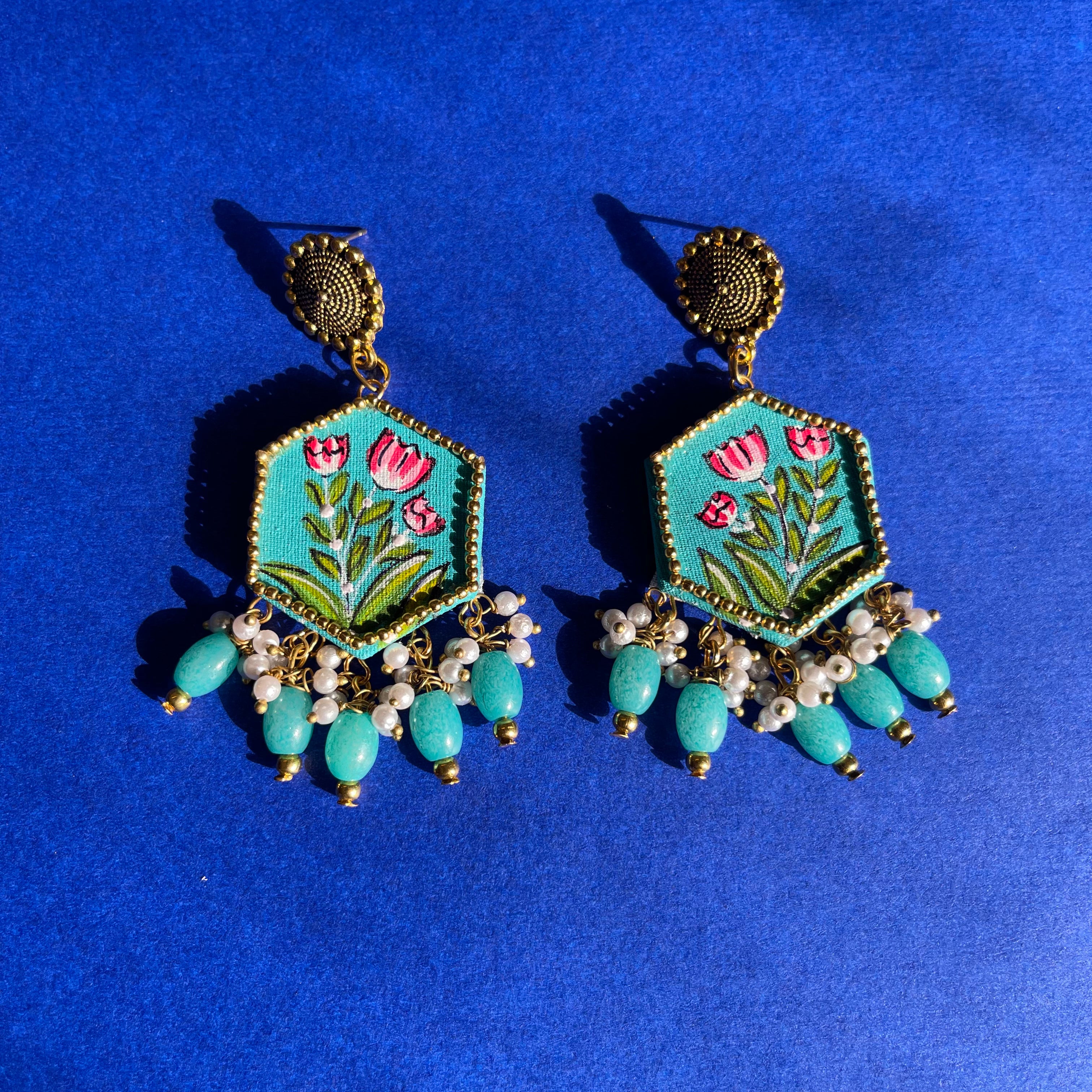Dianthus Teal Blue Hand Painted Drop (Earrings) HP-ER- - KHOJ.CITY