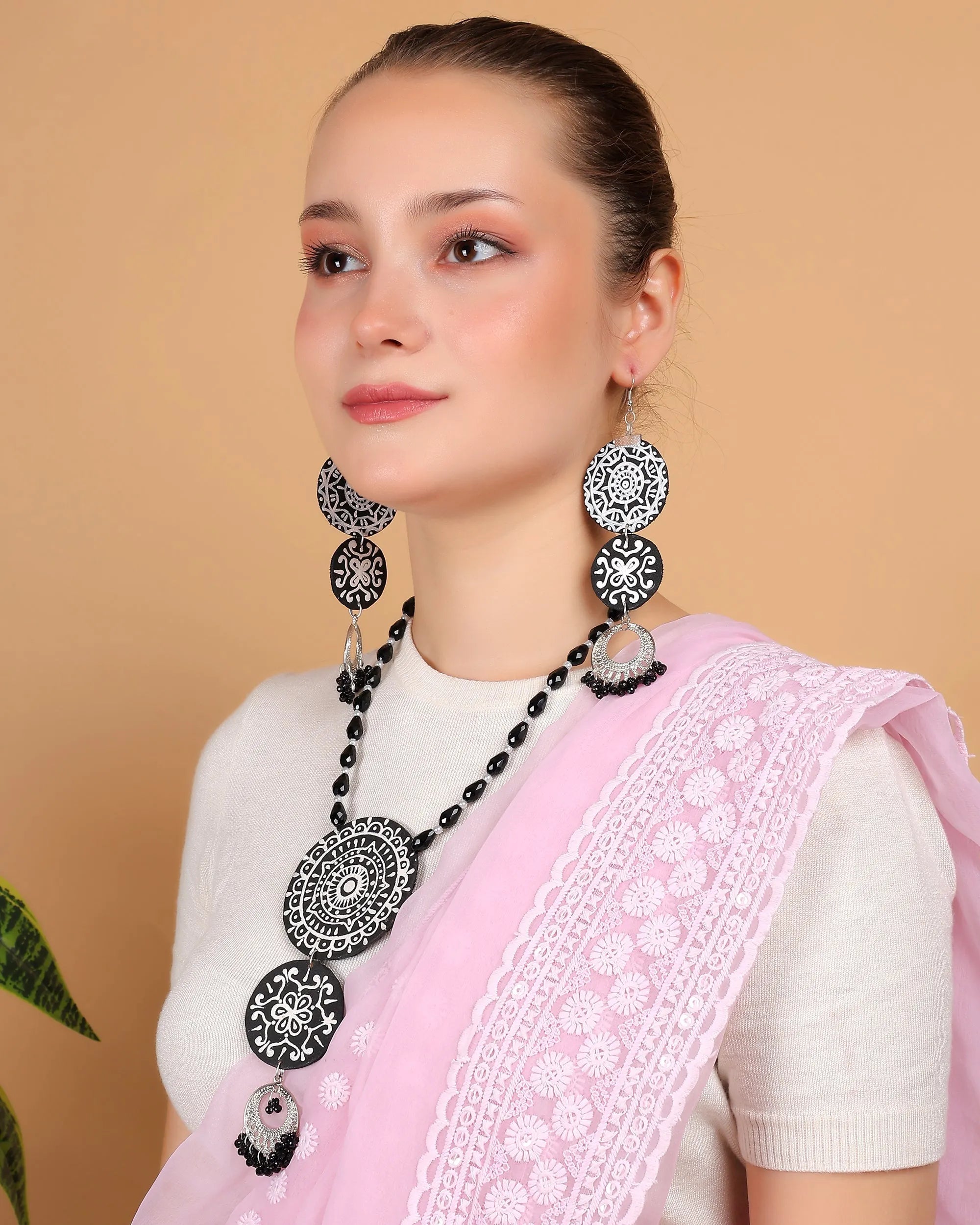 Dijul Black Hand Painted Drop (Necklace set) HP-NP-183 - KHOJ.CITY