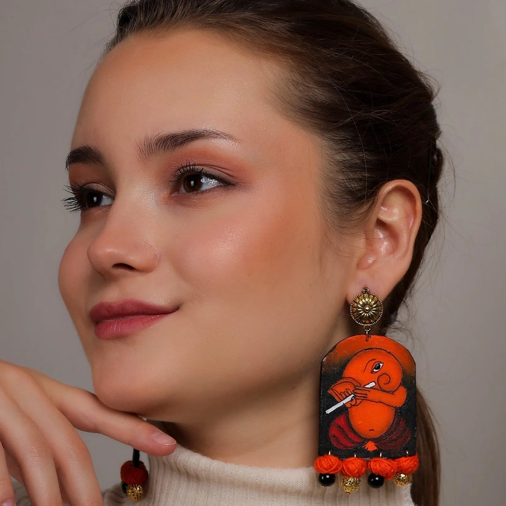 Ganapati Mumbai Cha Ganesha Traditional Multi Color Hand Painted Drop (Earrings) HP-ER-139 - KHOJ.CITY