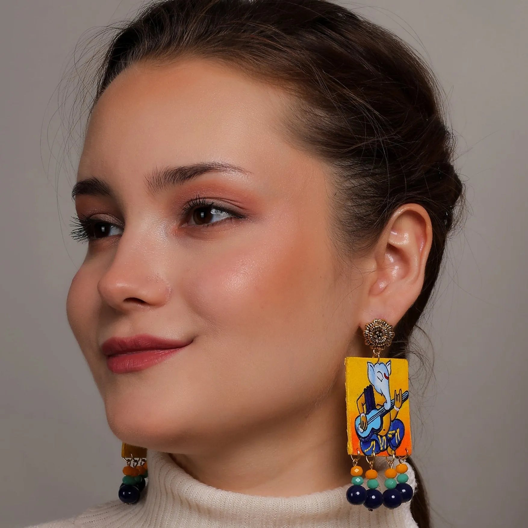 Geet Mumbai Cha Ganesha Traditional Multi Color Hand Painted Drop (Earrings) HP-ER-141 - KHOJ.CITY