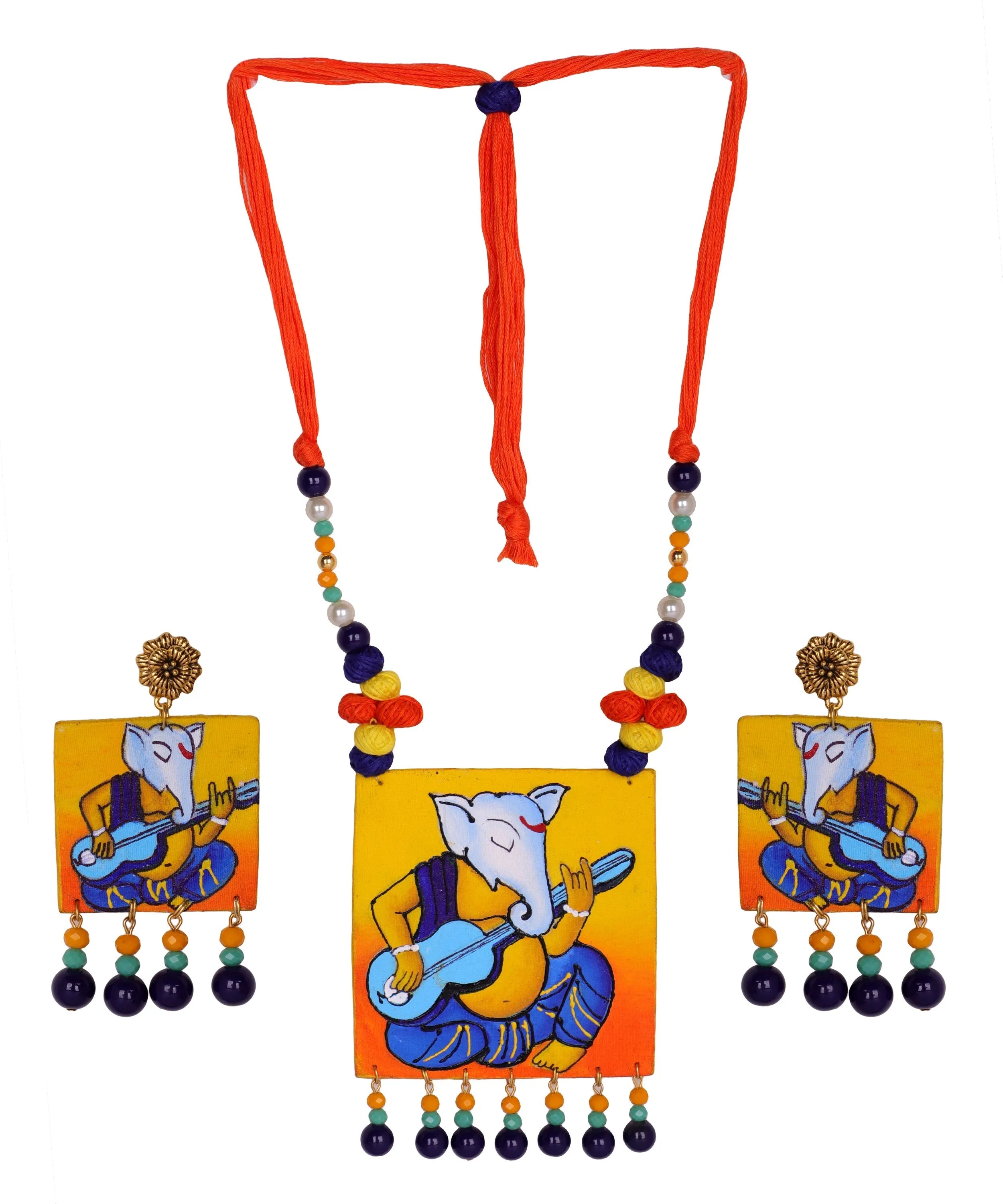 Geet Mumbai Cha Ganesha Traditional Multi Color Hand Painted (Necklace Set) HP-NP-186 - KHOJ.CITY