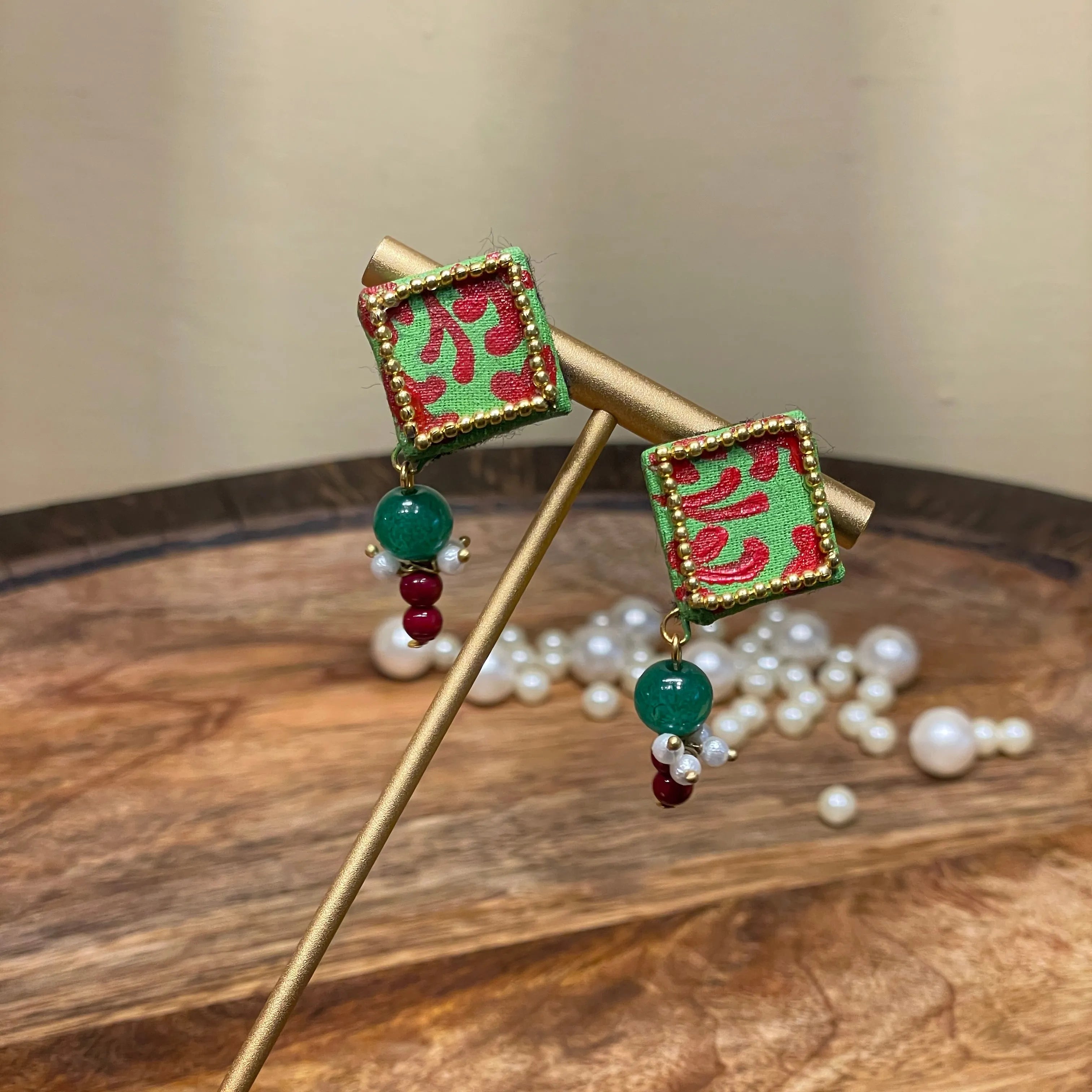 Square Mini Classic Green Hand Painted Stud (Earrings) HP-ER-116 - KHOJ.CITY