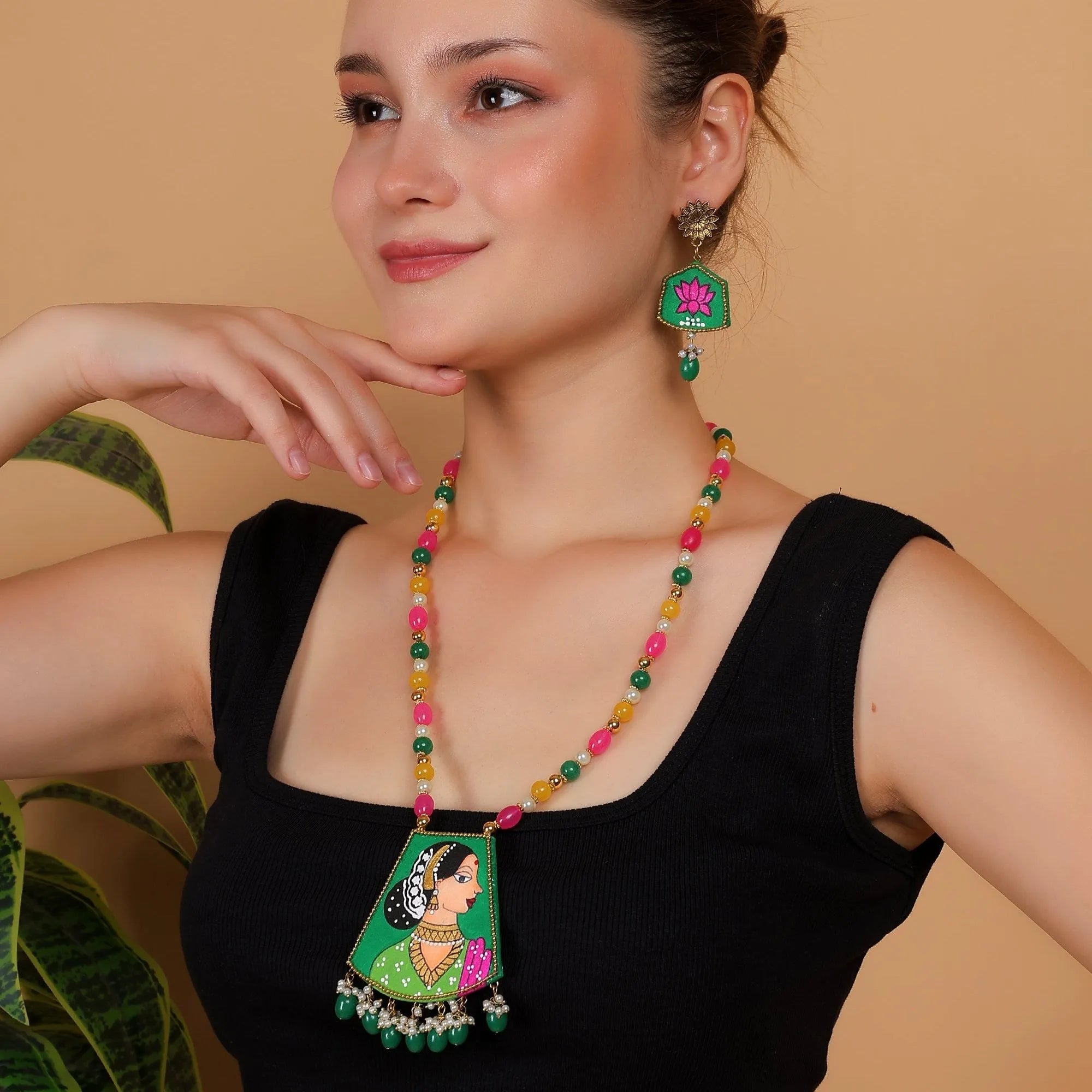 Hemlata Traditional Green Hand Painted (Necklace Set) HP-NP-190 - KHOJ.CITY