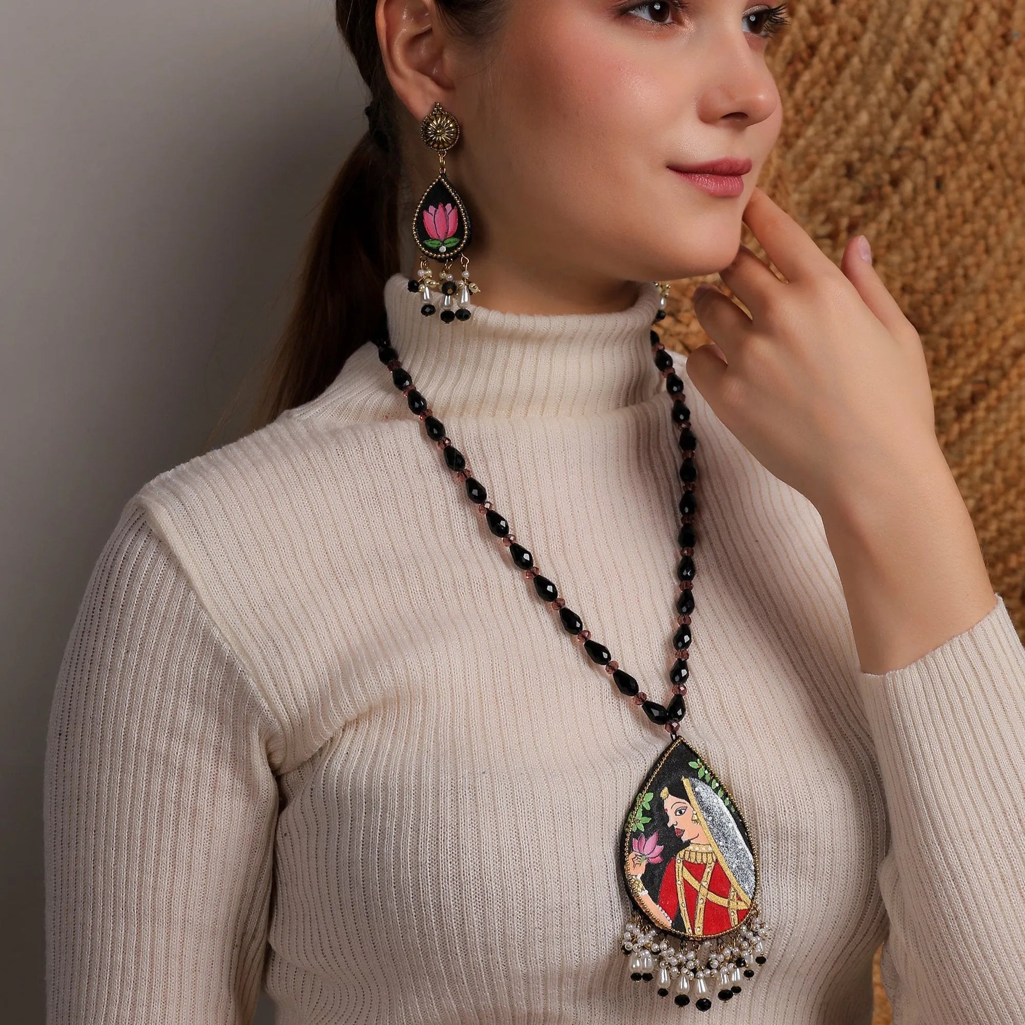 Kali Black Classic Hand Painted (Necklace Set) HP-NP-193 - KHOJ.CITY
