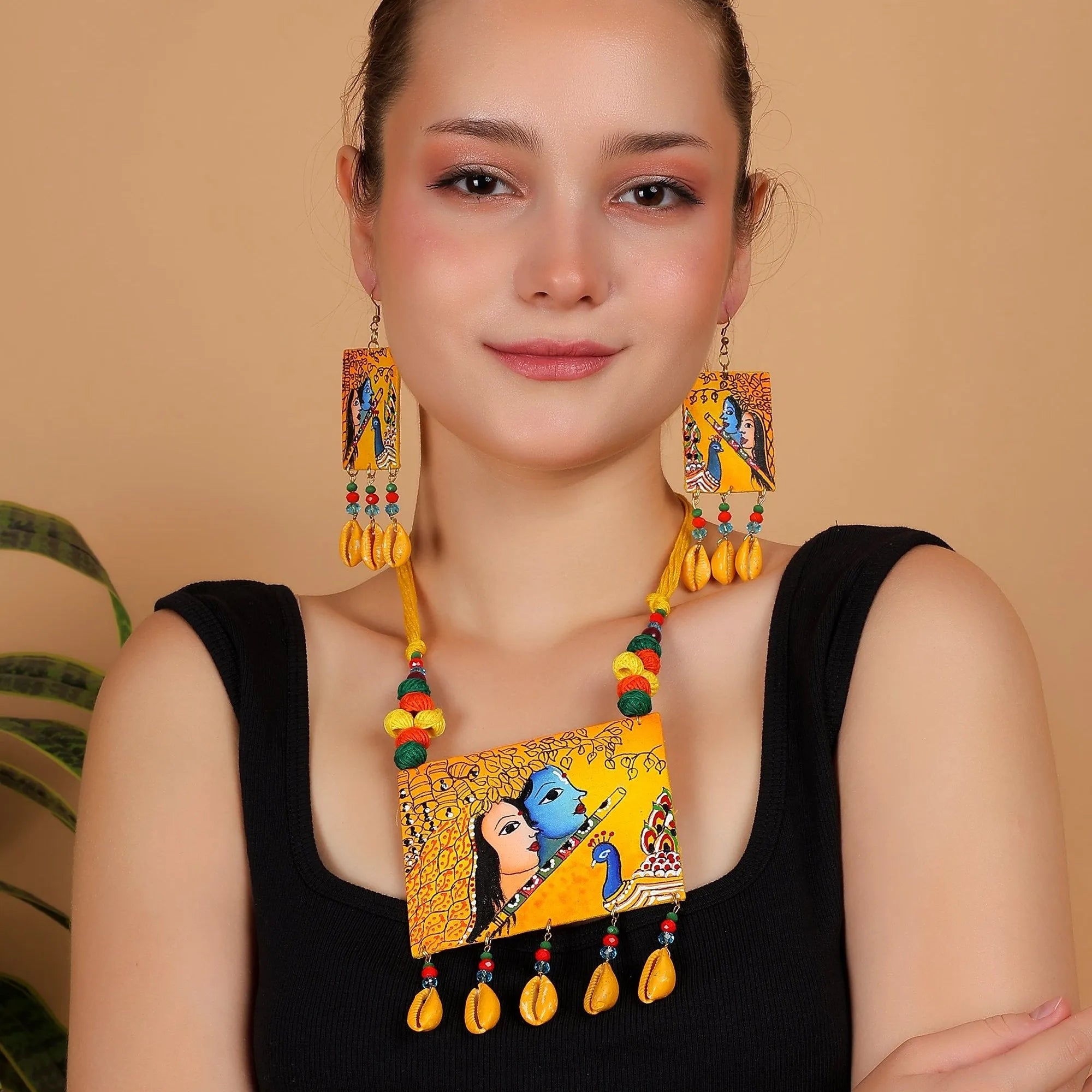 Mayuresh Brij Ke Kanha Traditional Multi Color Hand Painted (Necklace Set) HP-NP-194 - KHOJ.CITY