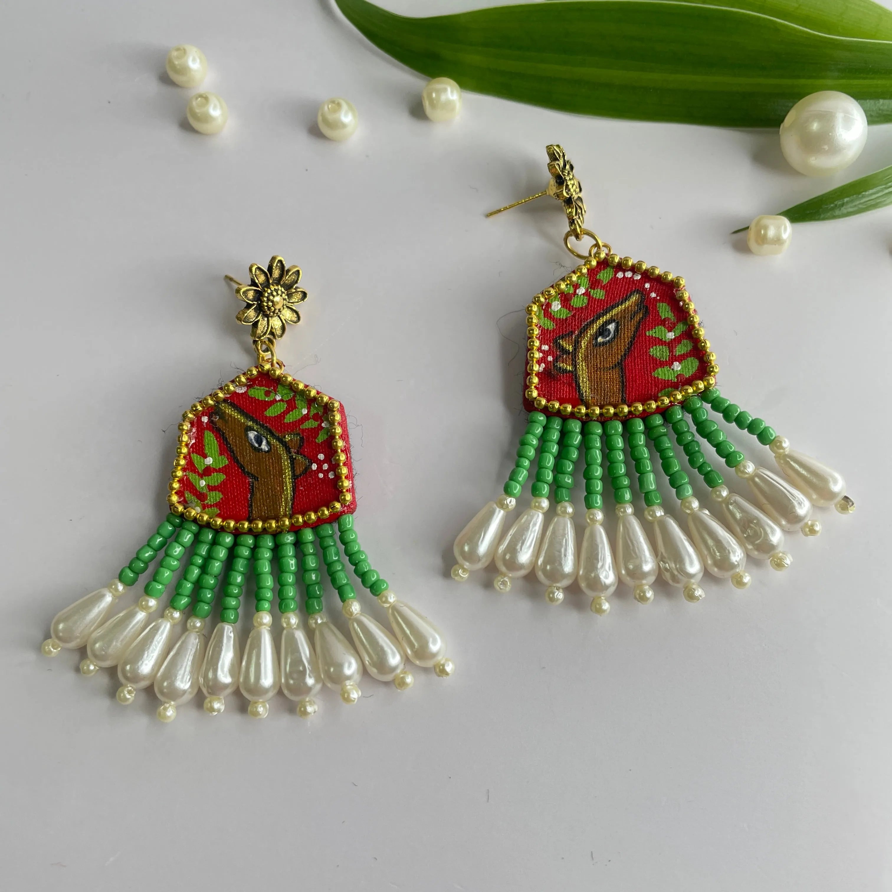 Mithila Traditional Red Hand Painted Drop (Earrings) HP-ER-134 - KHOJ.CITY