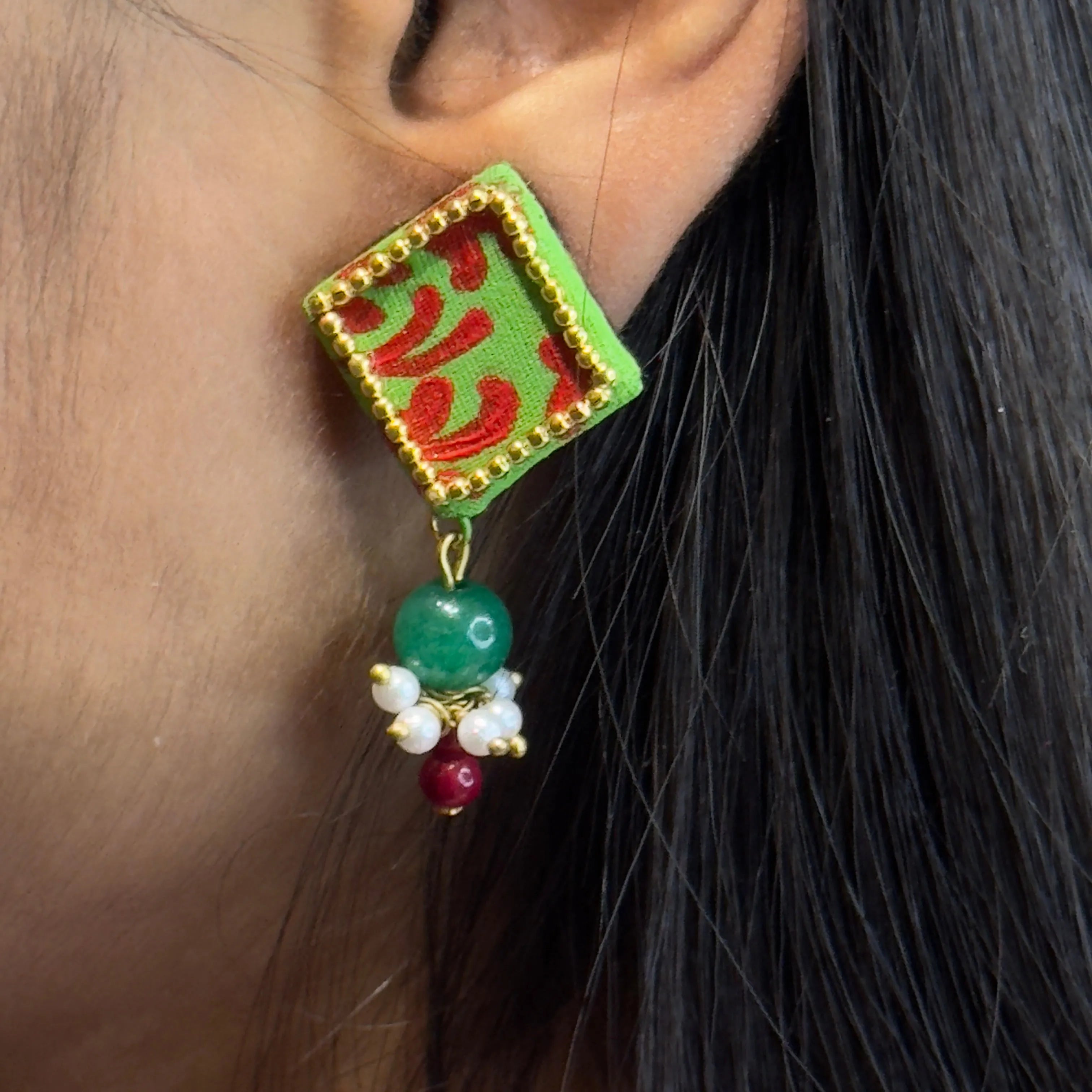Square Mini Classic Green Hand Painted Stud (Earrings) HP-ER-116 - KHOJ.CITY