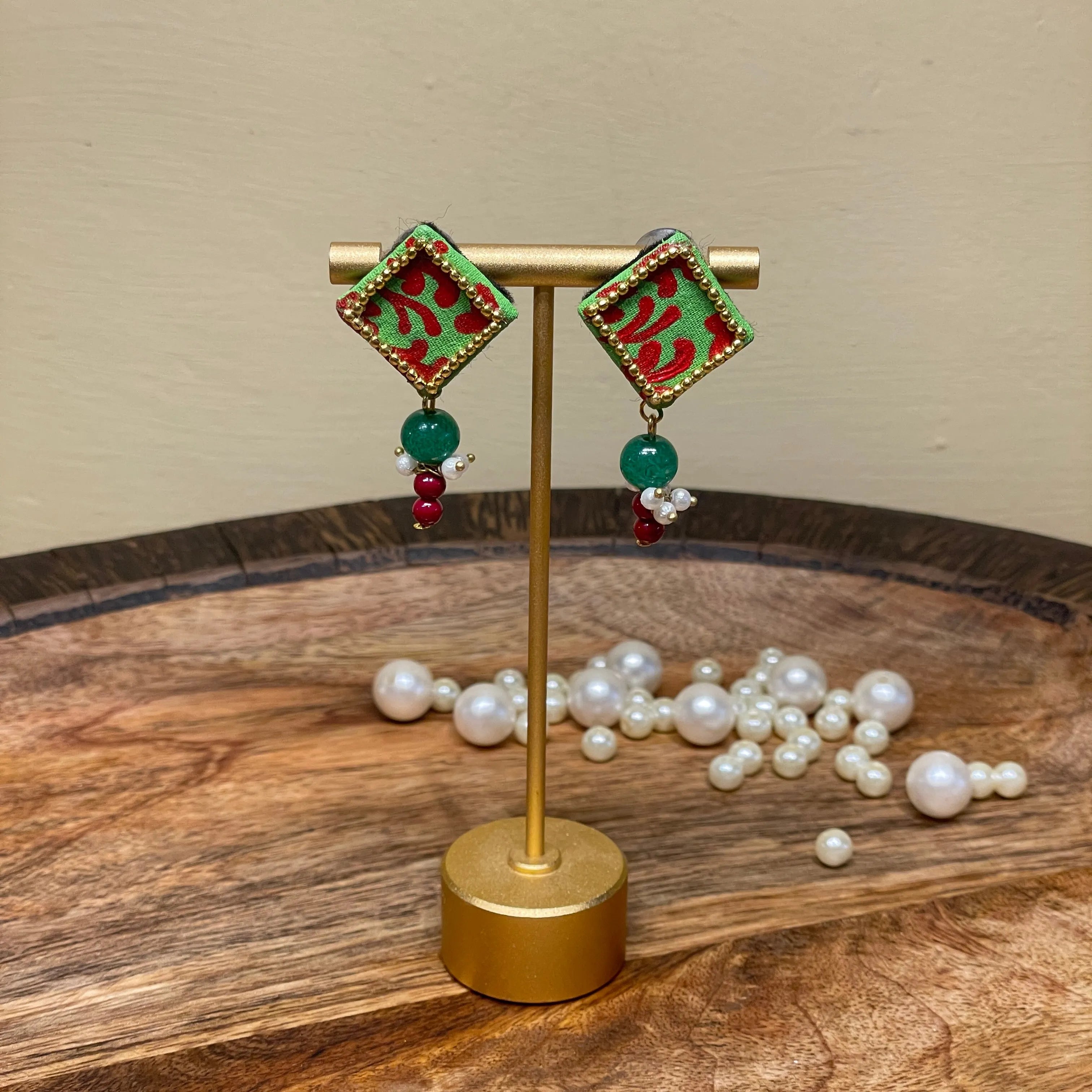 Square Mini Classic Green Hand Painted Stud (Earrings) HP-ER-116 - KHOJ.CITY