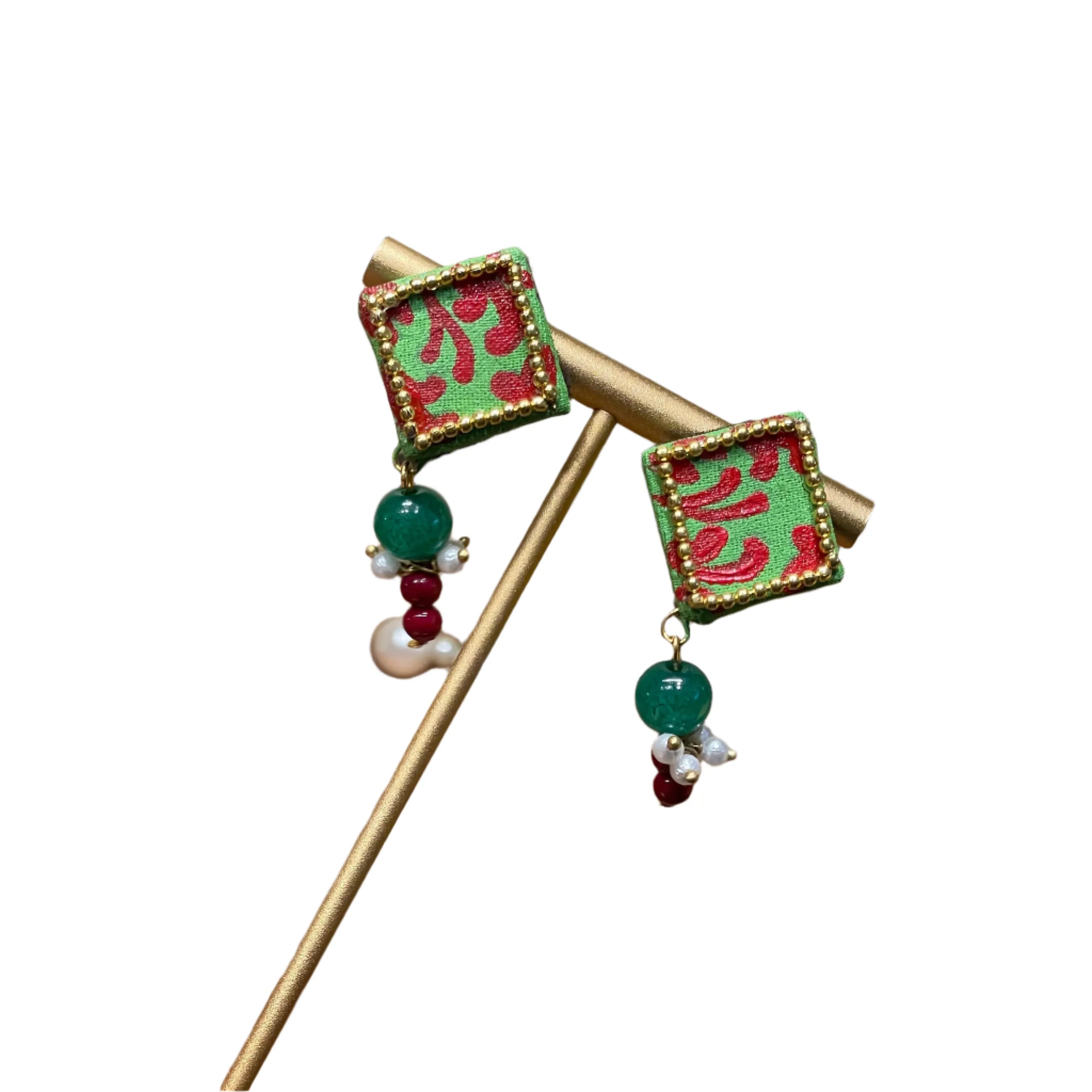 Square Mini Classic Green Hand Painted Stud (Earrings) HP-ER-116 - KHOJ.CITY