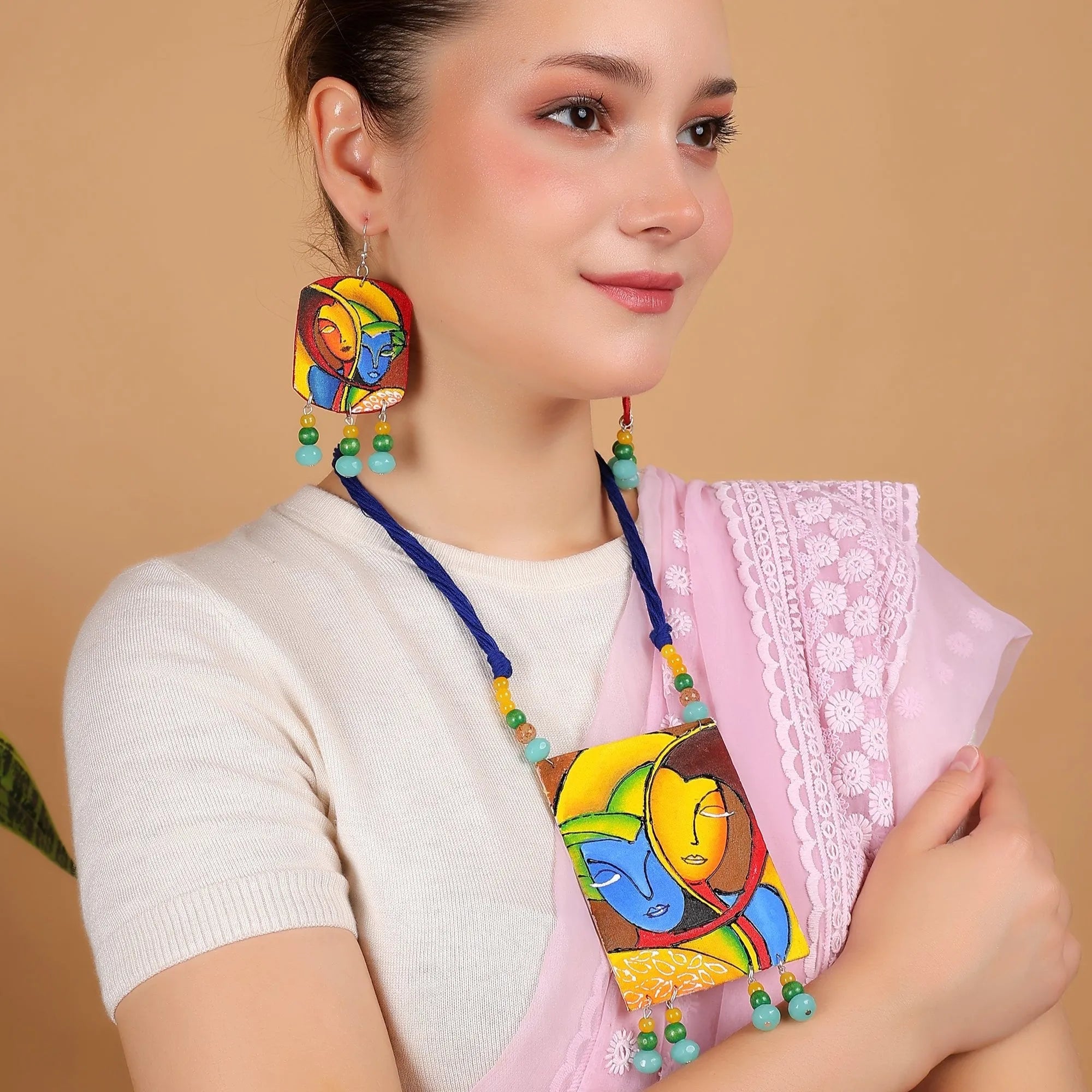 Modern Brij Ke Kanha Traditional Multi Color Hand Painted (Necklace Set) HP-NP-196 - KHOJ.CITY