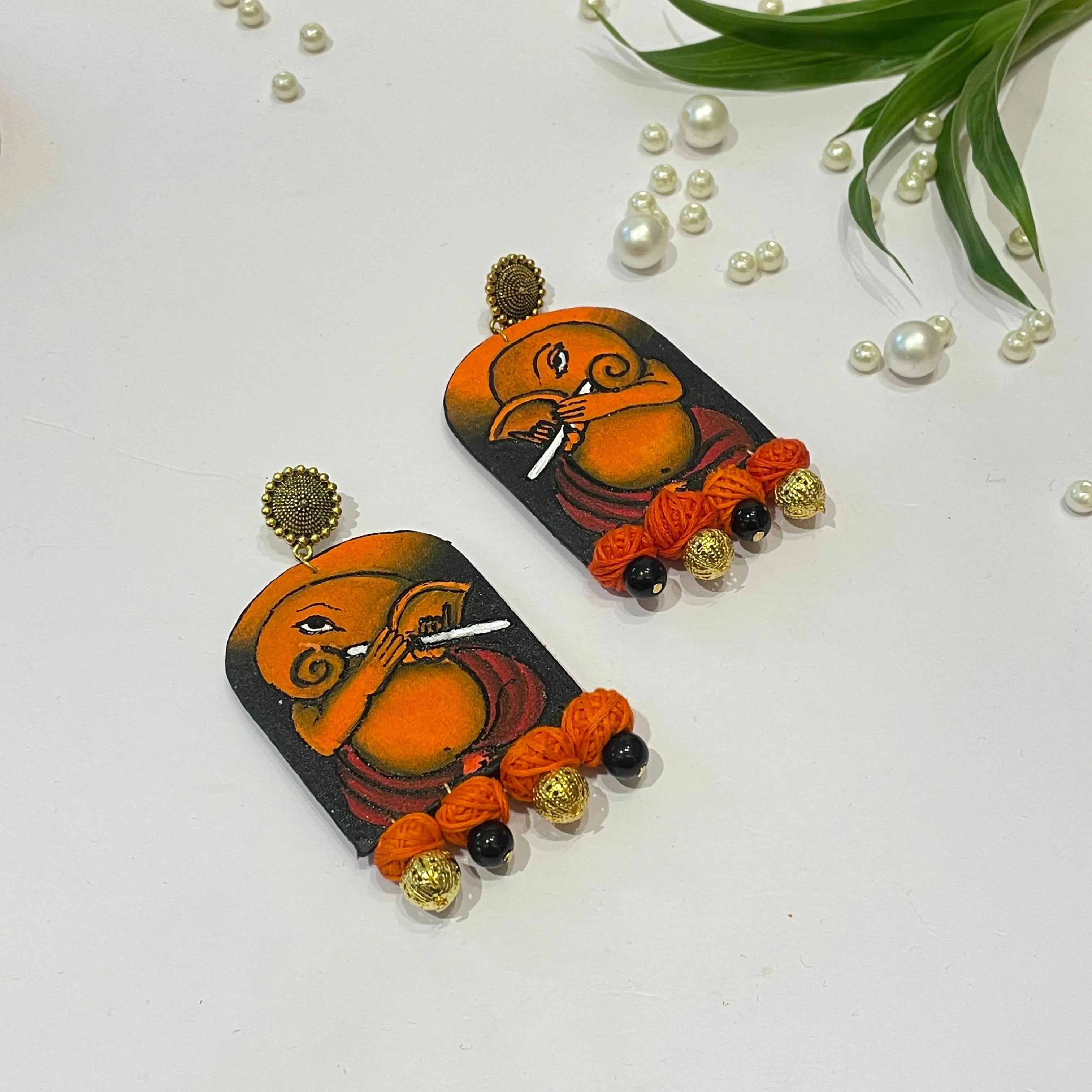 Ganapati Mumbai Cha Ganesha Traditional Multi Color Hand Painted Drop (Earrings) HP-ER-139 - KHOJ.CITY