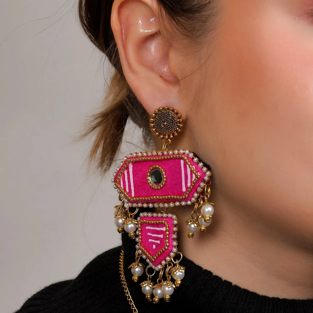 Nalini Traditional Dark Pink Hand Painted Drop (Earrings) HP-ER-207 - KHOJ.CITY