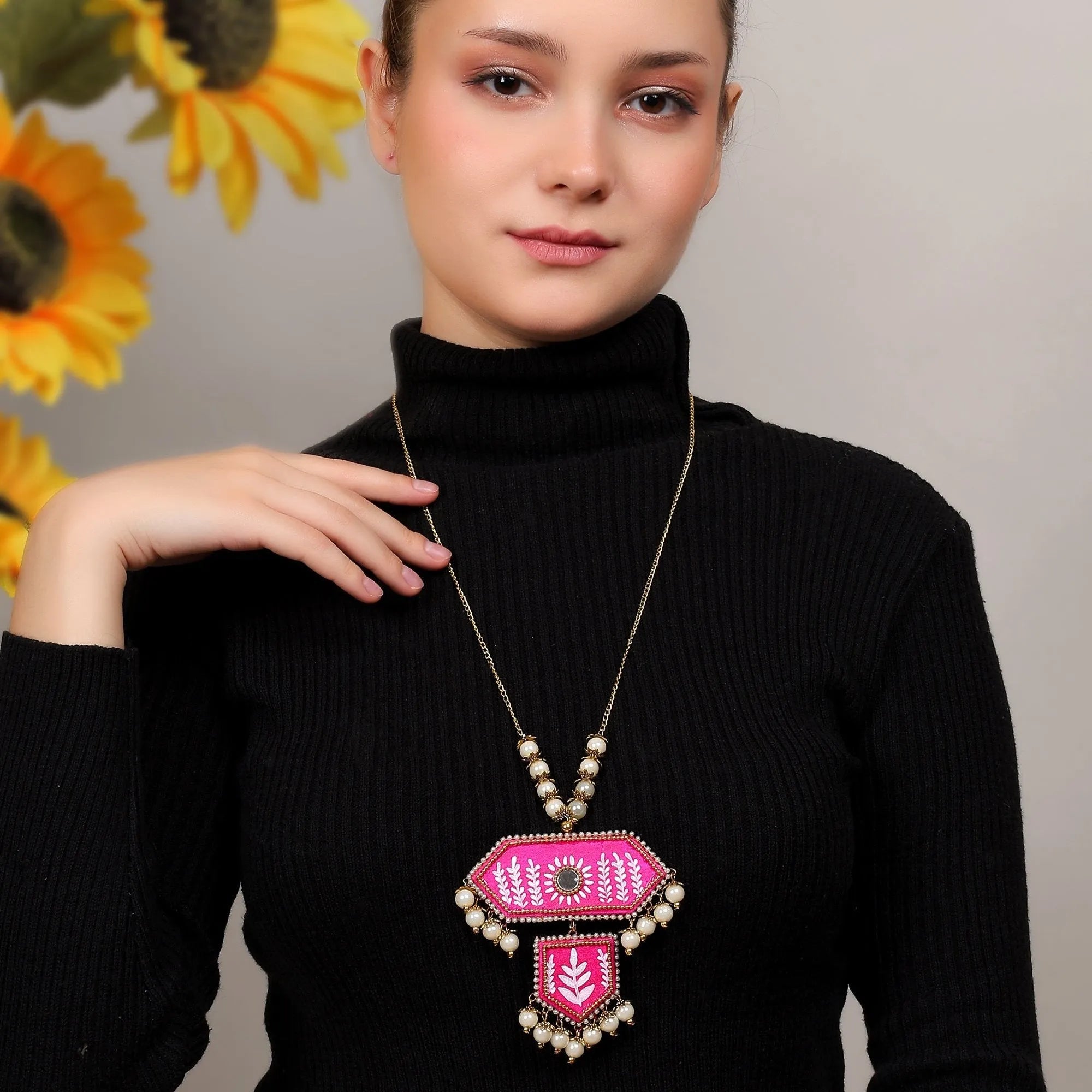 Nalini Traditional Dark Pink Hand Painted Drop (Necklace) HP-NP-197 - KHOJ.CITY