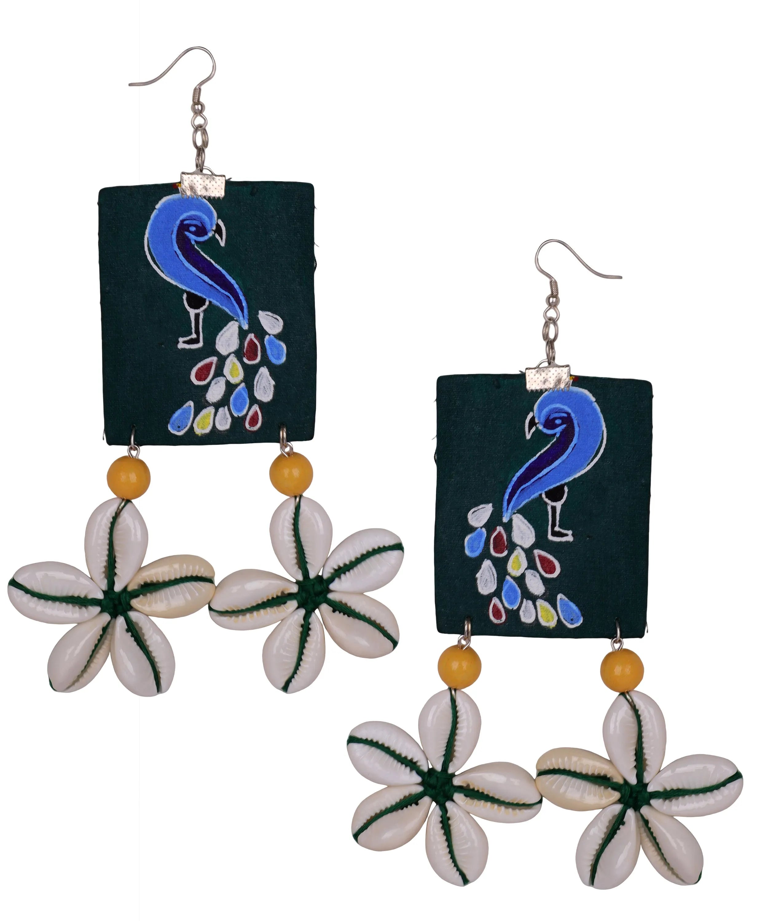 Perched Peafowl Traditional Multi Color Hand Painted Drop (Earrings) HP-ER-151 - KHOJ.CITY