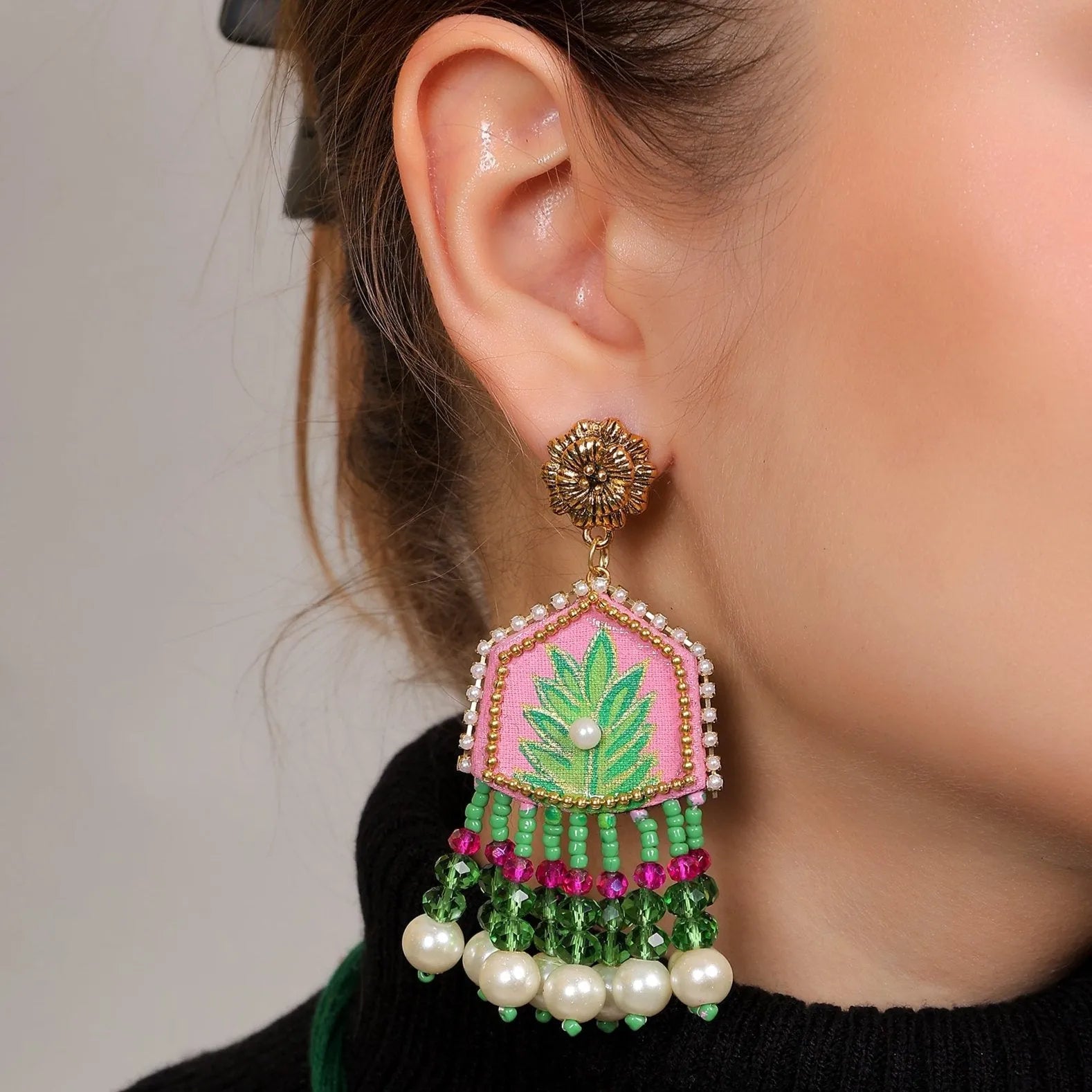 Reni Traditional Pink Hand Painted Drop (Earrings) HP-ER-169 - KHOJ.CITY