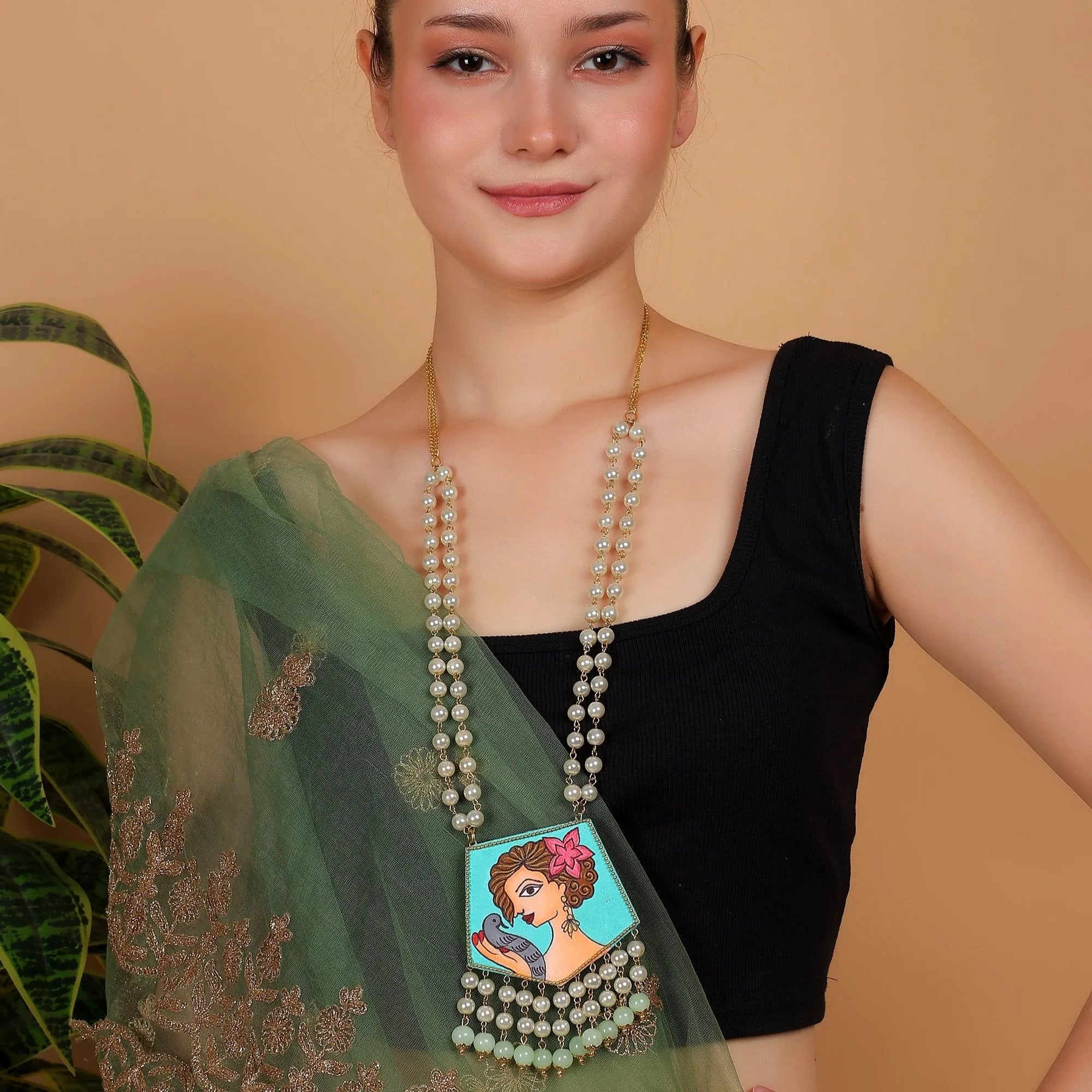 Roop Green Bohemian Hand Painted (Necklace) HP-NP-206 - KHOJ.CITY