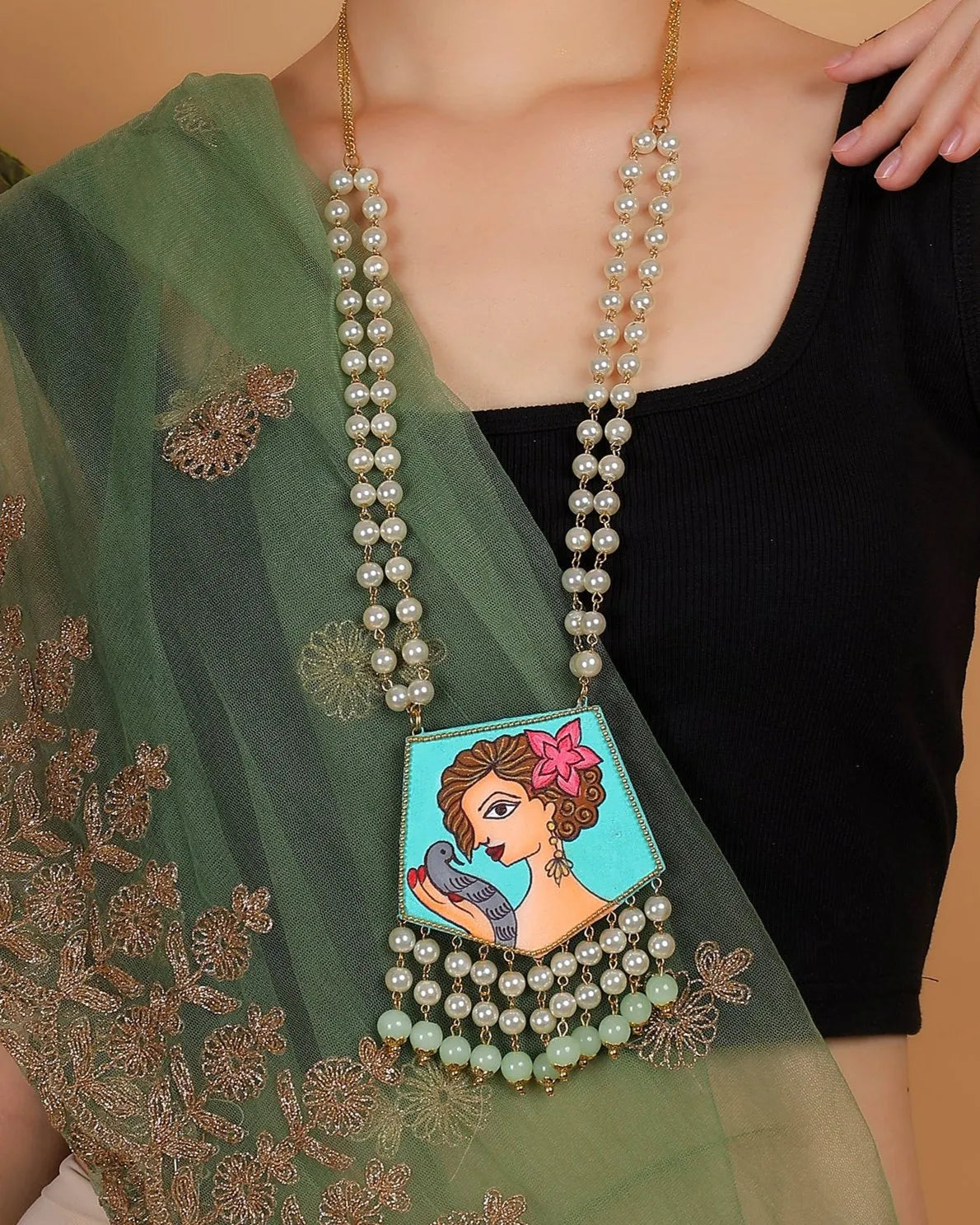 Roop Green Bohemian Hand Painted (Necklace) HP-NP-206 - KHOJ.CITY