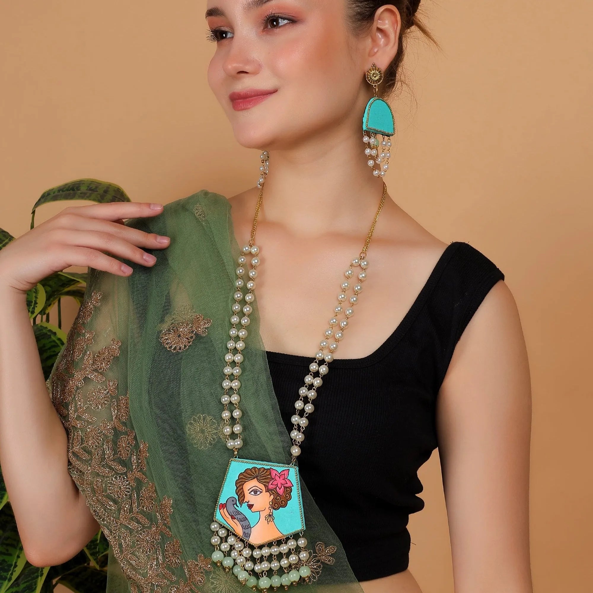 Roop Green Bohemian Hand Painted (Necklace Set) HP-NP-131 - KHOJ.CITY