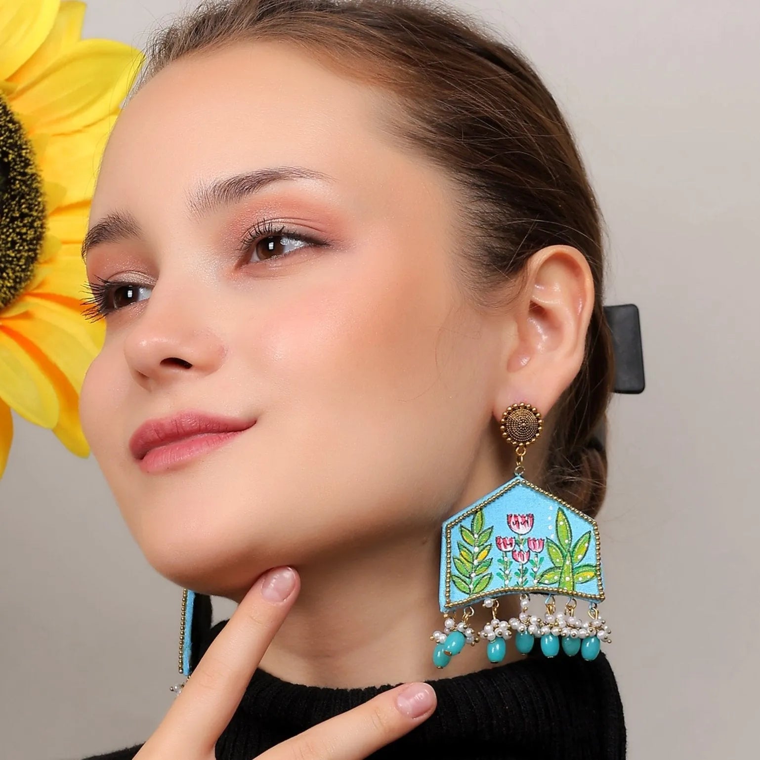 Tulipa Traditional Blue Hand Painted Drop (Earrings) HP-ER- - KHOJ.CITY