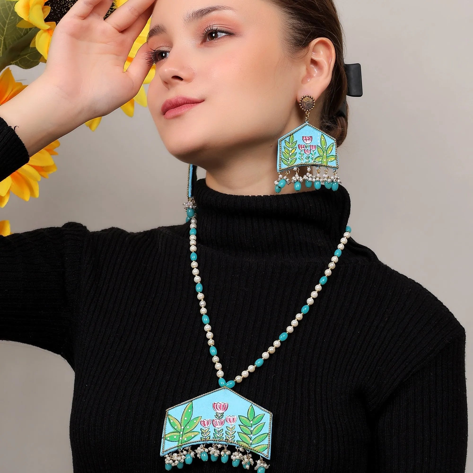 Tulipa Traditional Multi Color Hand Painted Drop (Necklace Set) HP-NP-214 - KHOJ.CITY