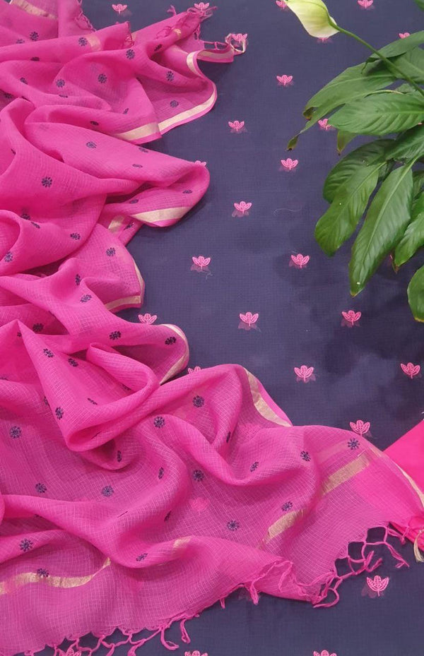 Kota Doria Full floral embroidered Suit Fabric (Purple pink) - KHOJ.CITY